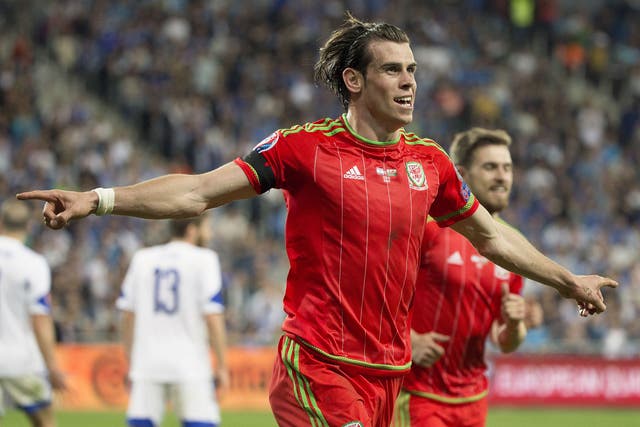 Gareth Bale celebrates scoring for Wales against Israel