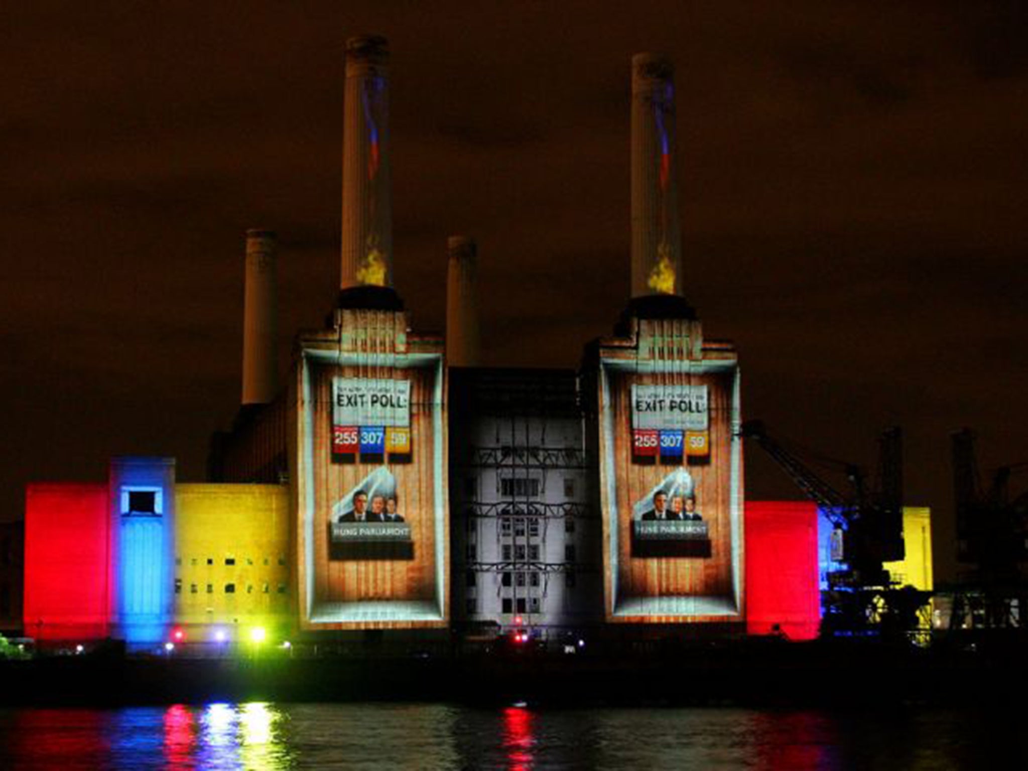 A 2010 election exit poll projected on to Battersea power station, south London, put the Tories ahead