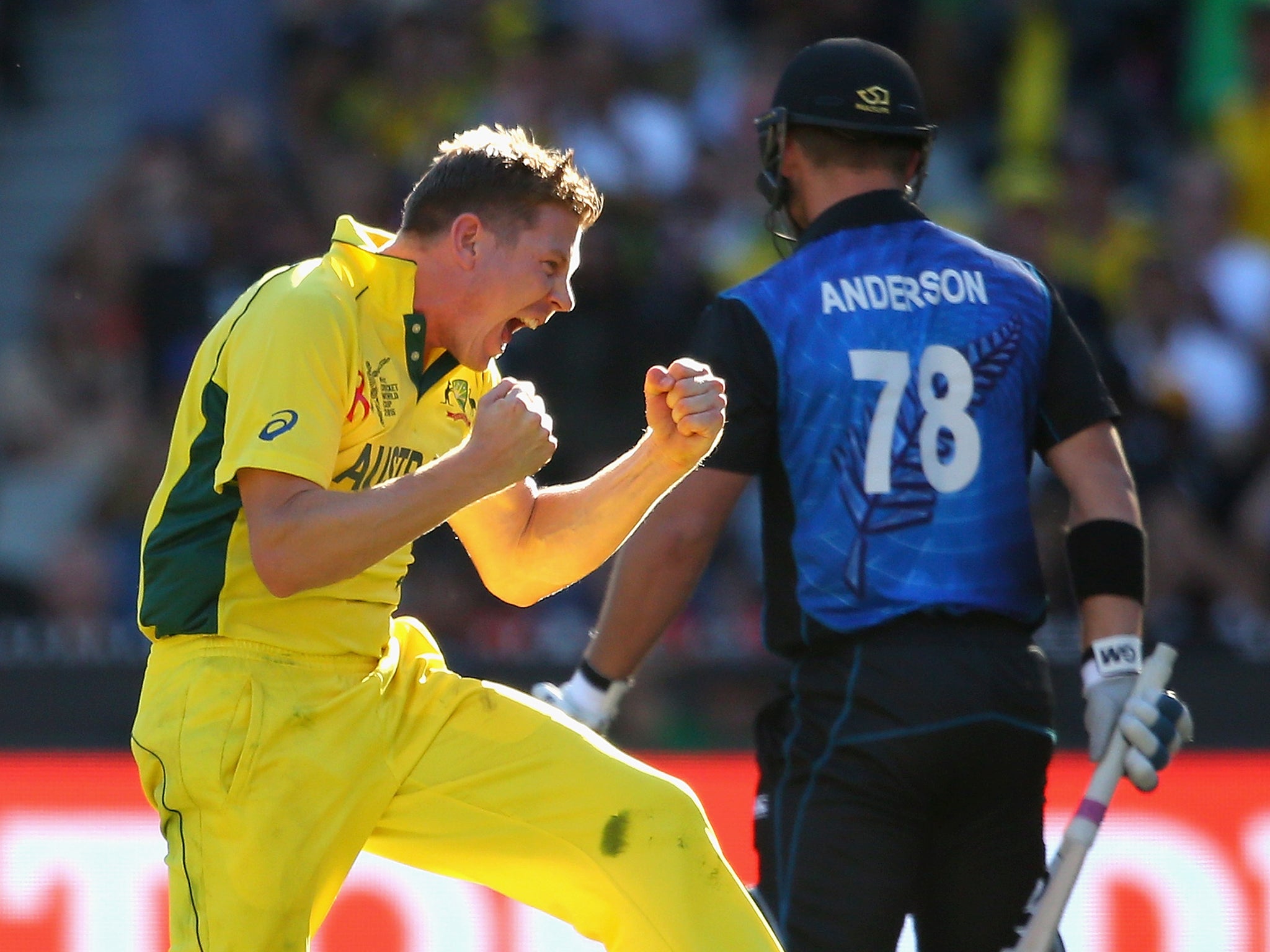 James Faulkner of Australia celebrates getting the wicket of Corey Anderson