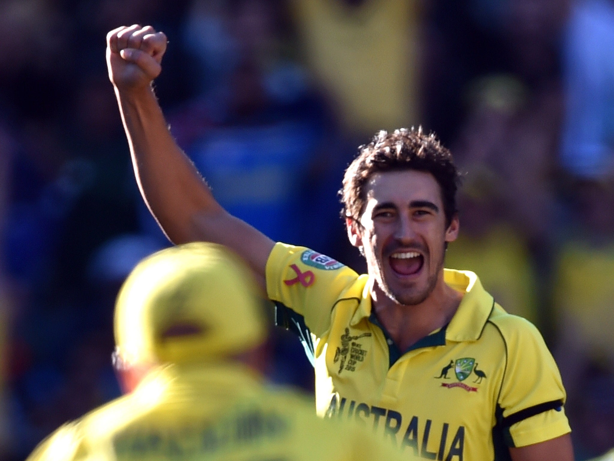 Australian cricketer Mitchell Starc (R) celebrates the wicket off New Zealand batsman Luke Ronchi during the final