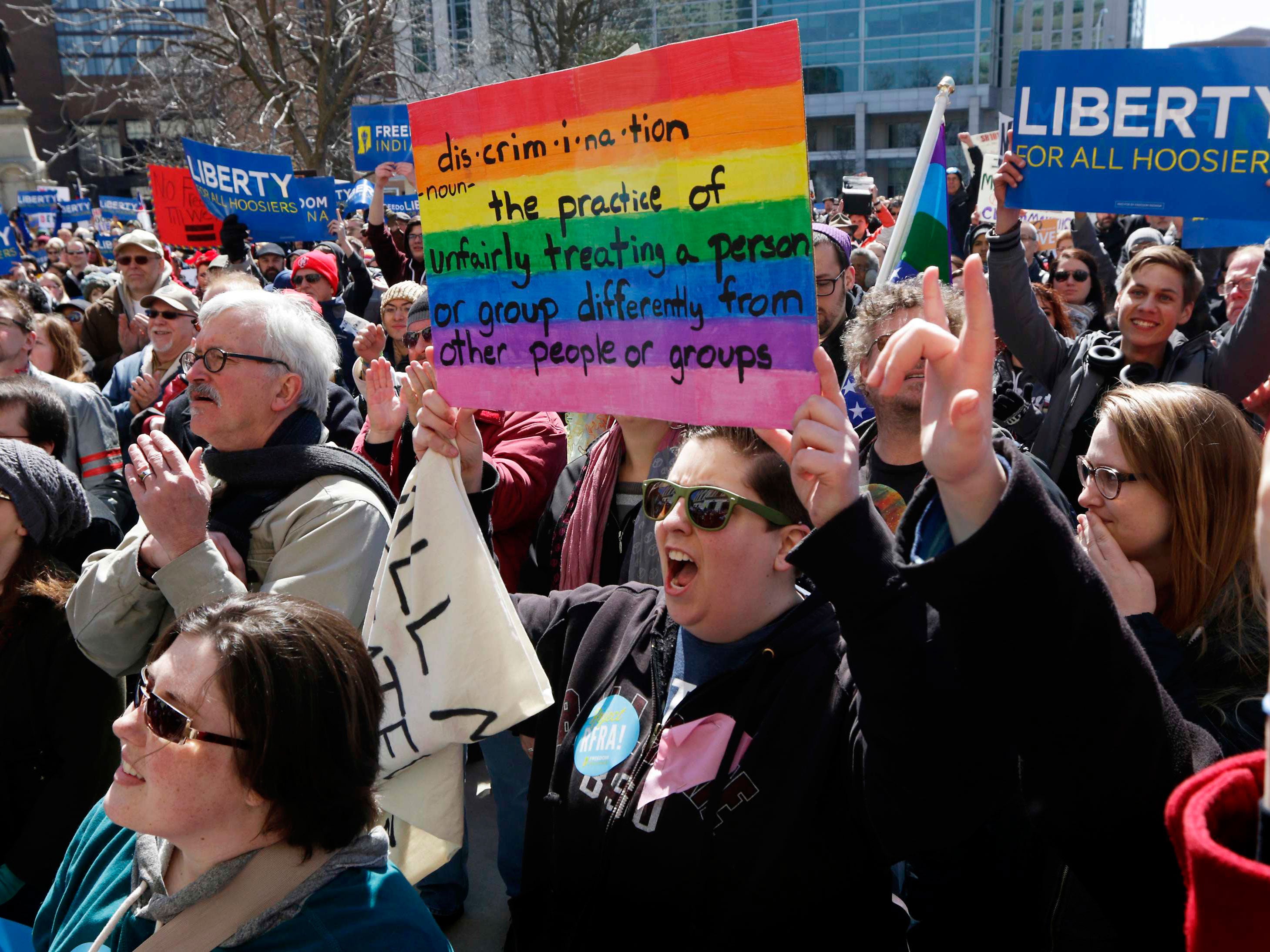 More than 2,000 people gathered at the Indiana State Capital Saturday to protest Indianaís newly signed Religious Freedom Restoration Act