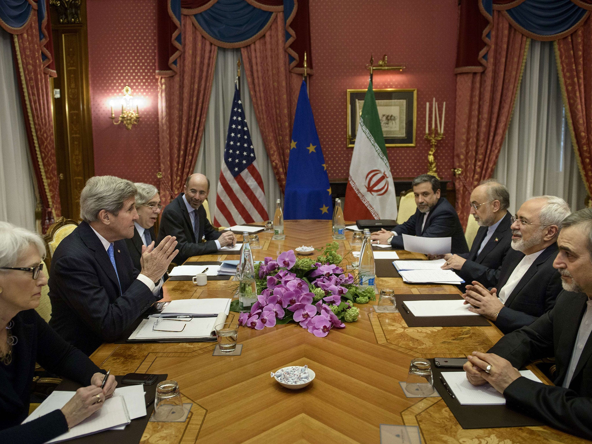 US and Iranian officials in Lausanne including John Kerry, second left, and Mohammad Javad Zarif, second right