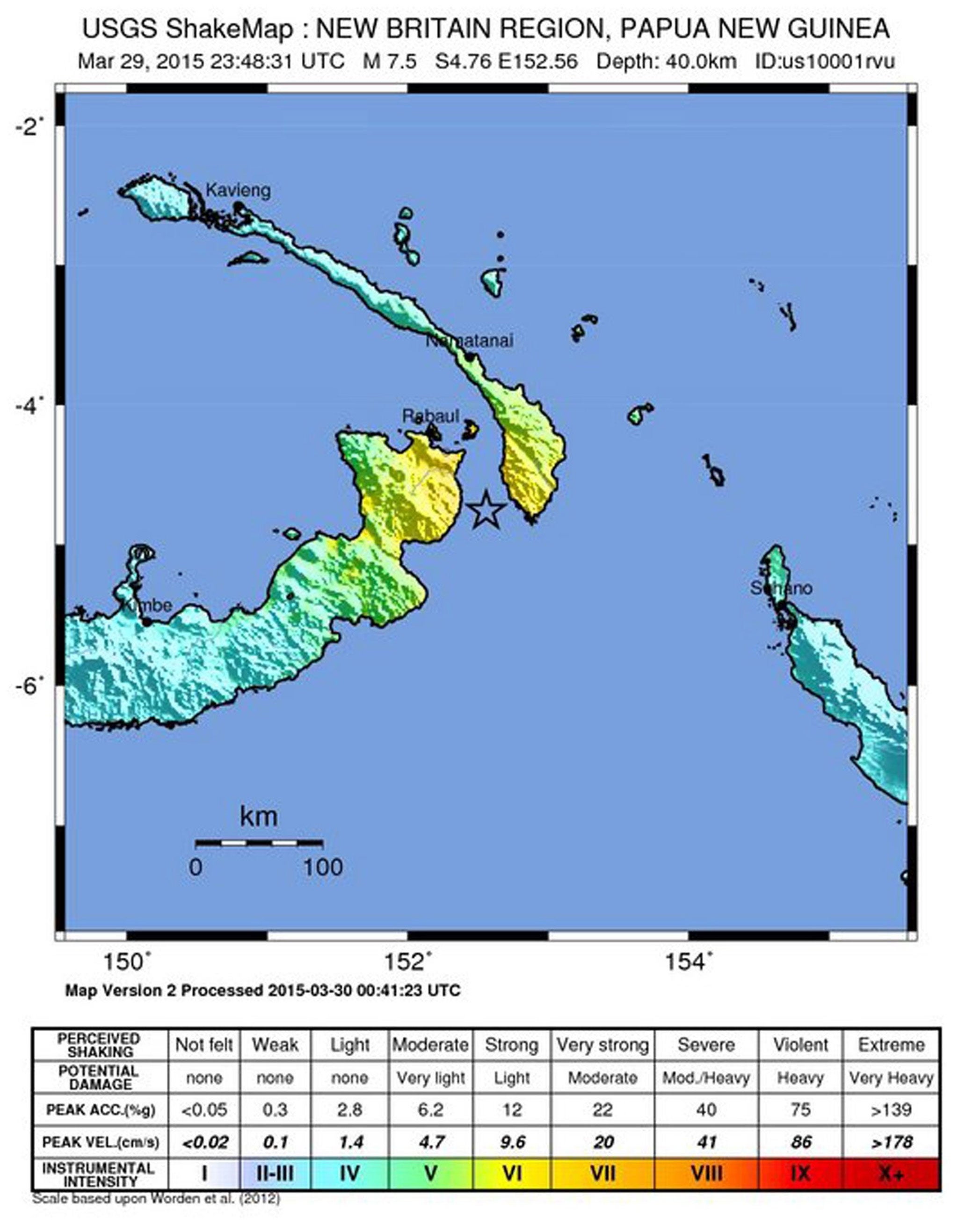 A handout picture released by the United States Geological Survey (USGS) shows a shakemap of the region in Papua New Guinea (PNG) where a 7.5 to 7.6 magnitude earthquake occurred on 30 March 2015