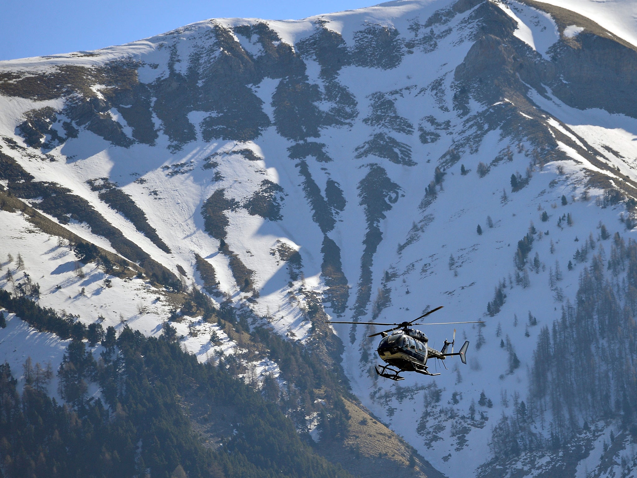 Rescue workers and gendarmerie continue their search operation near the site of the Germanwings plane crash on 29 March 2015 in Seyne les Alpes, France