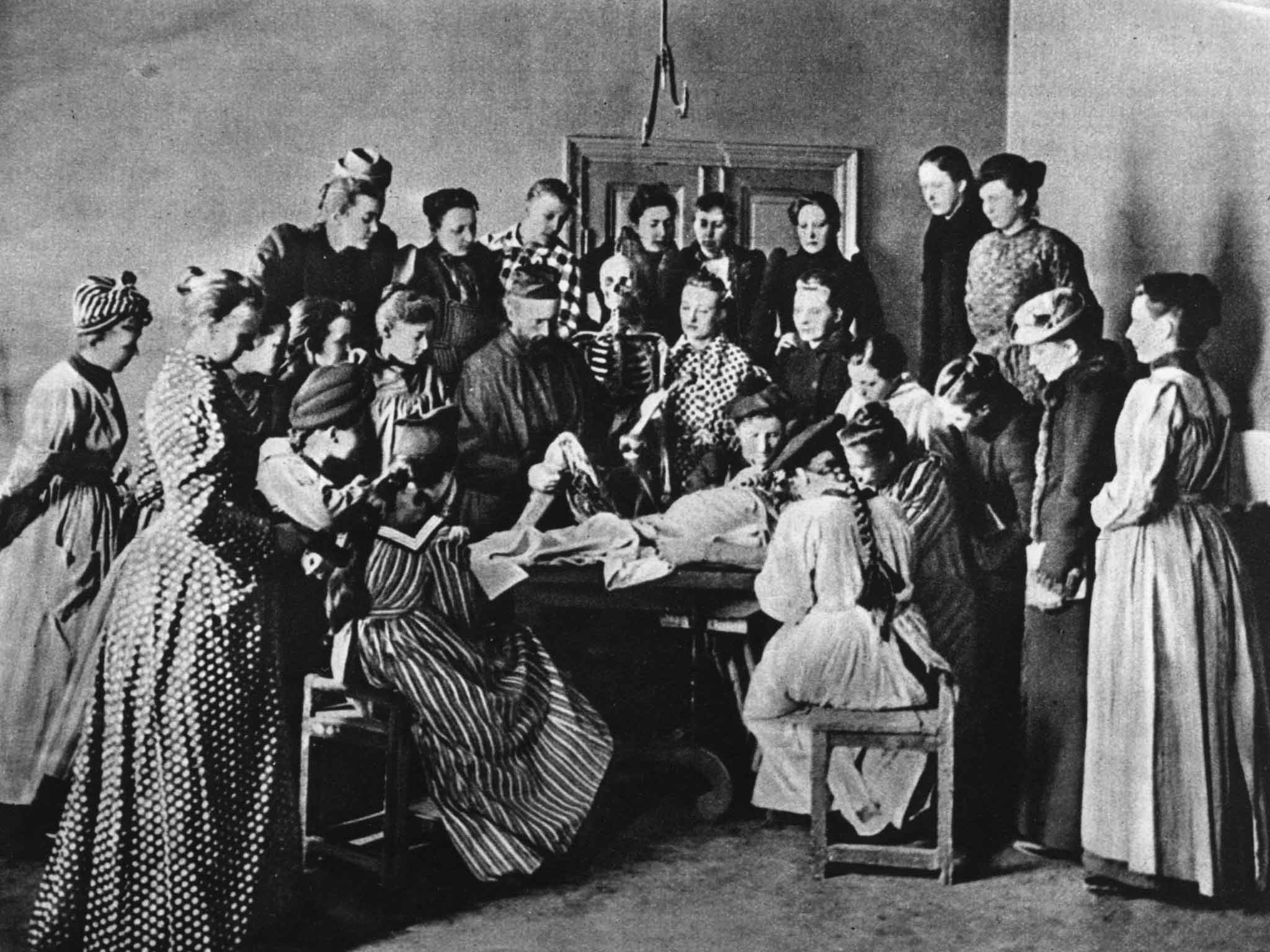 Female students attend an anatomy class in 1880s Sweden