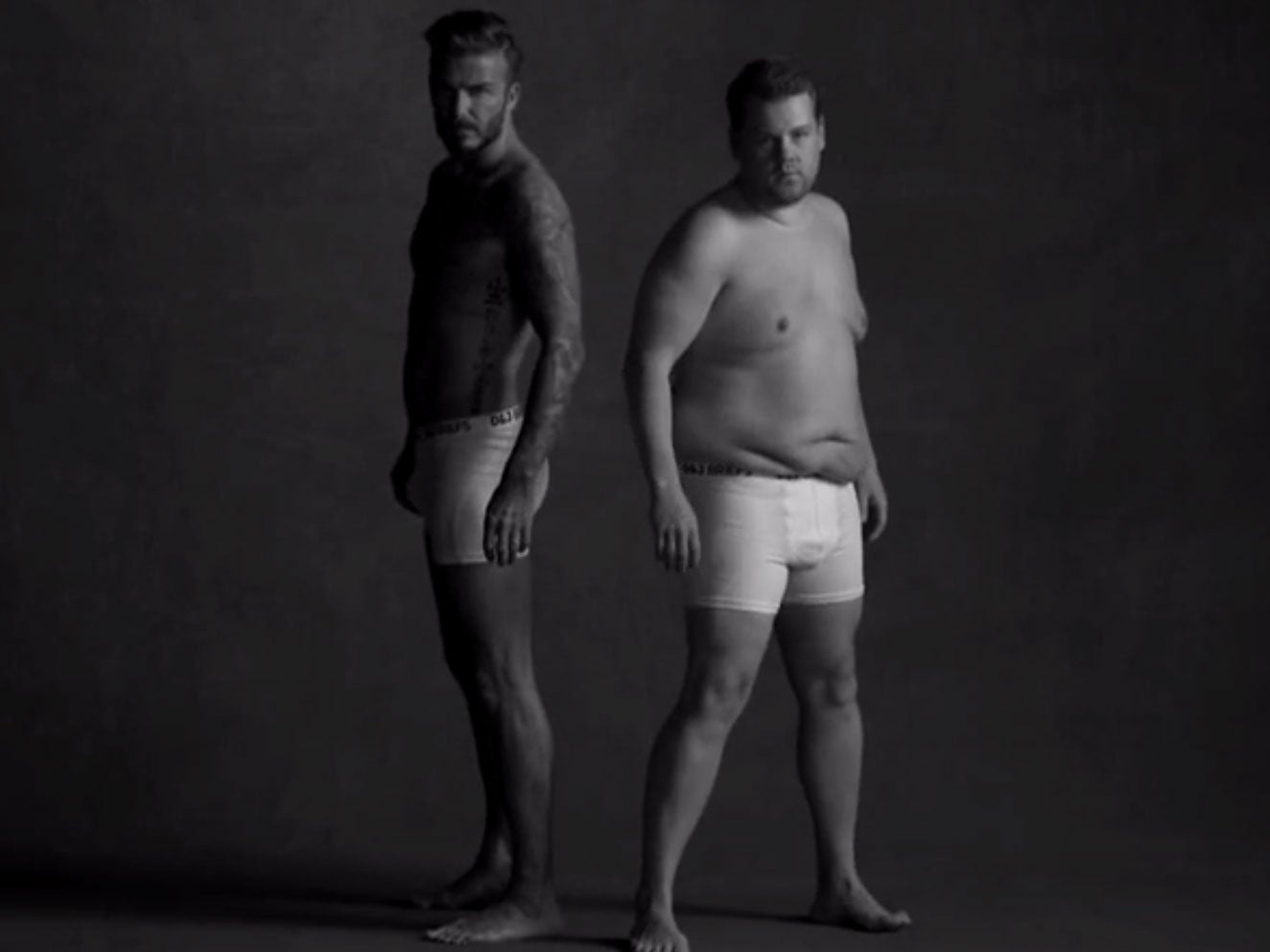 James Corden and David Beckham pose in their 'D&J Briefs' for The Late, Late Show