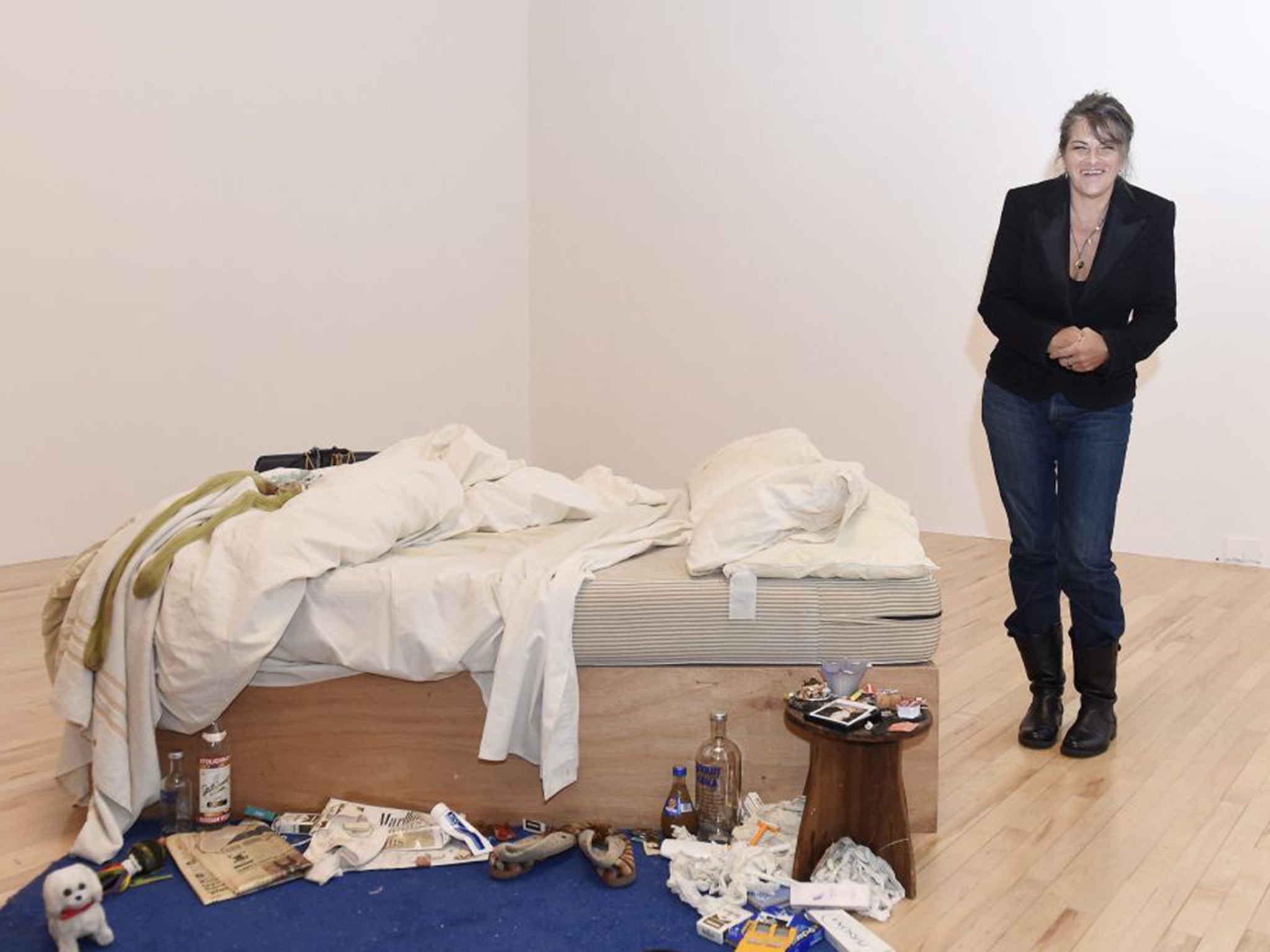 Tracey Emin visits her 1990s work ‘My Bed’ at Tate Britain in London, where it is back on display from today 