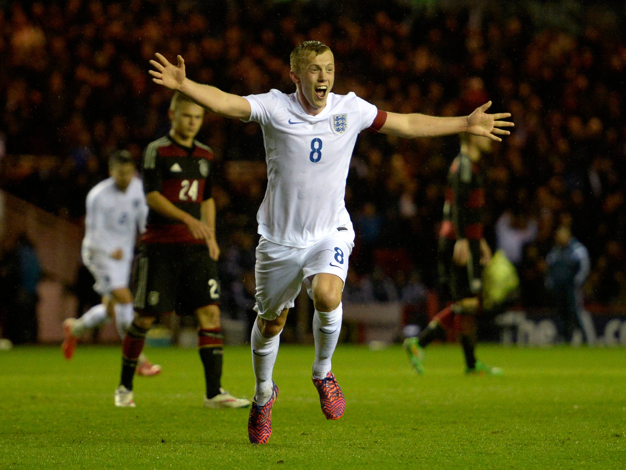England’s James Ward-Prowse celebrates his winning goal against Germany at the Riverside Stadium on Monday night
