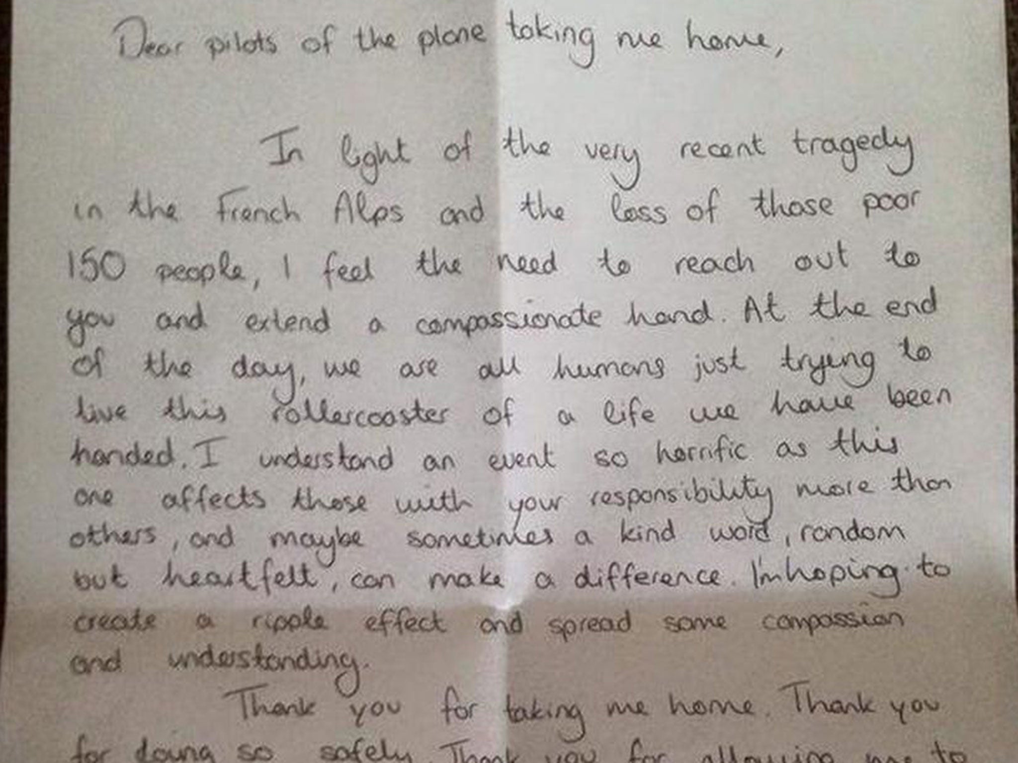 The letter showed support for pilots after the Germanwings disaster