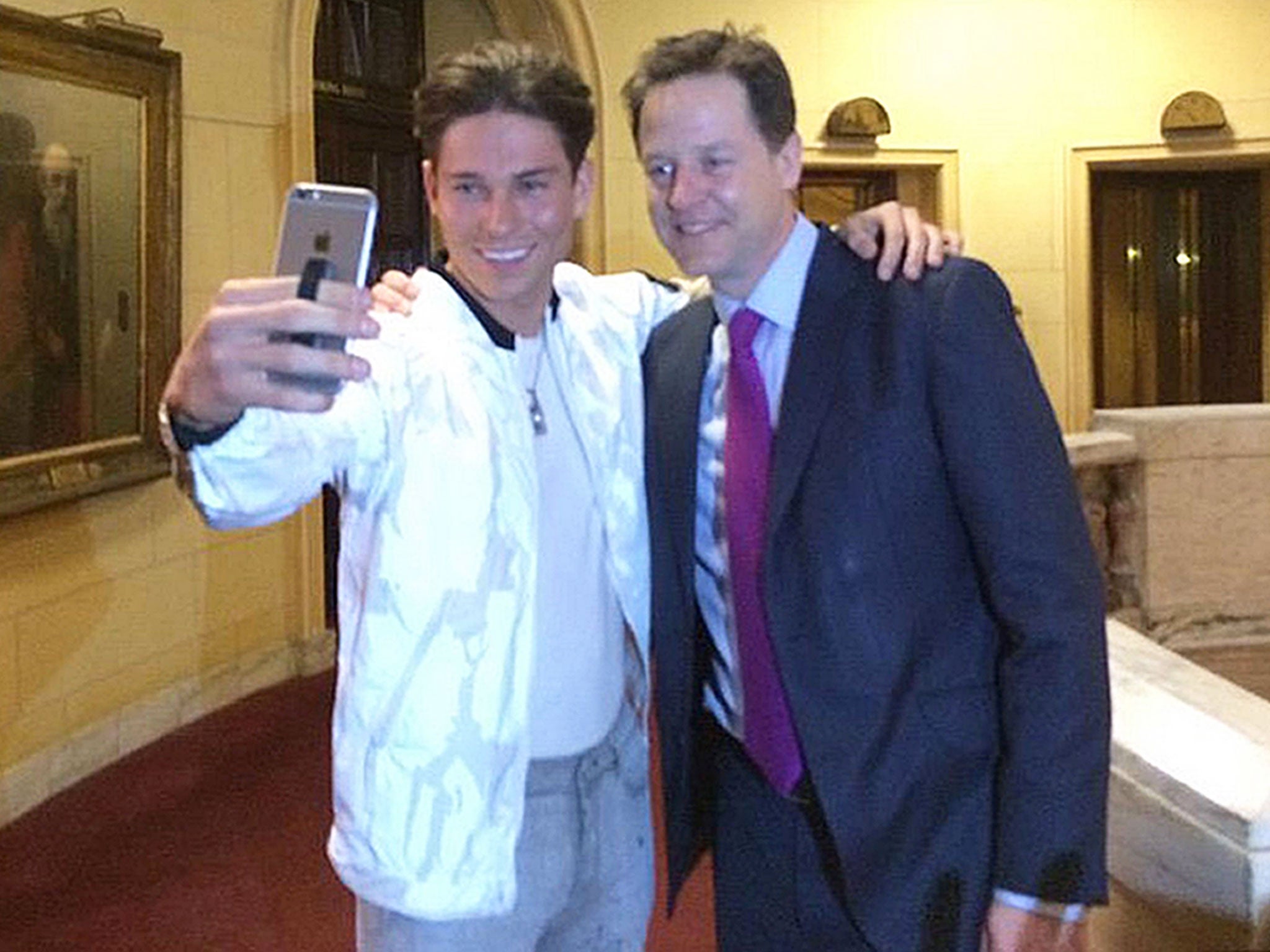 Liberal Democrat leader Nick Clegg poses for a selfie with Joey Essex