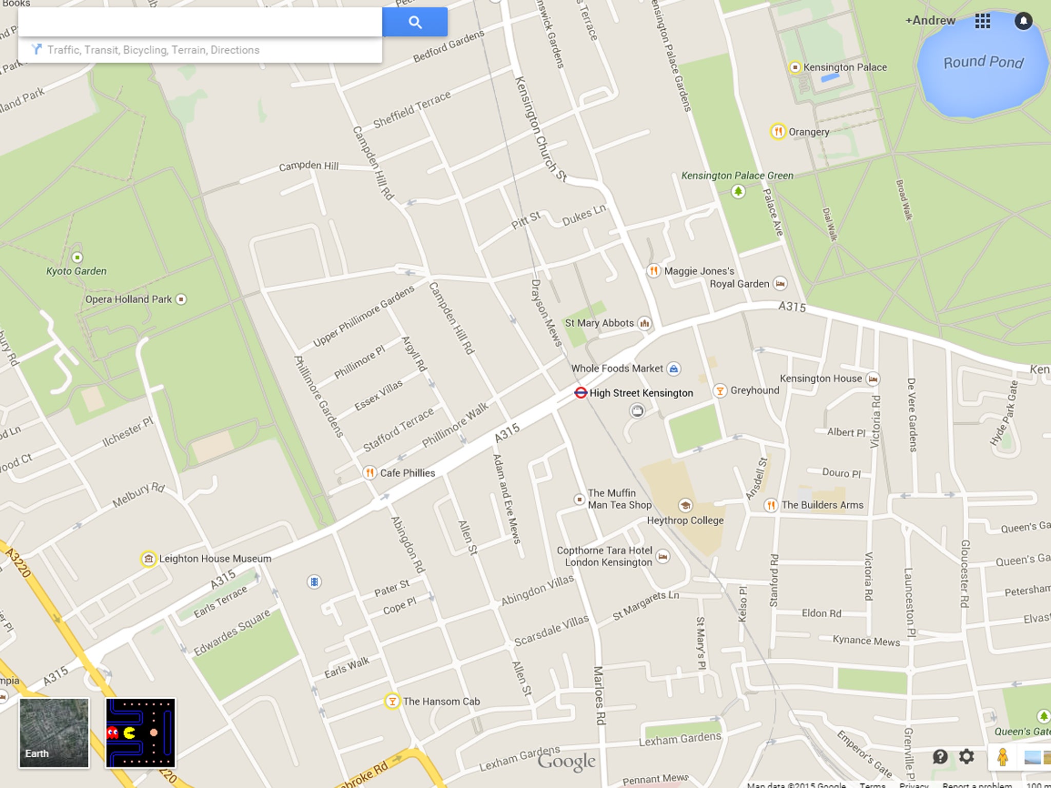 Google Maps, showing the area around The Independent's offices. The Pacman icon is in the bottom-left corner, next to the 'Earth' one