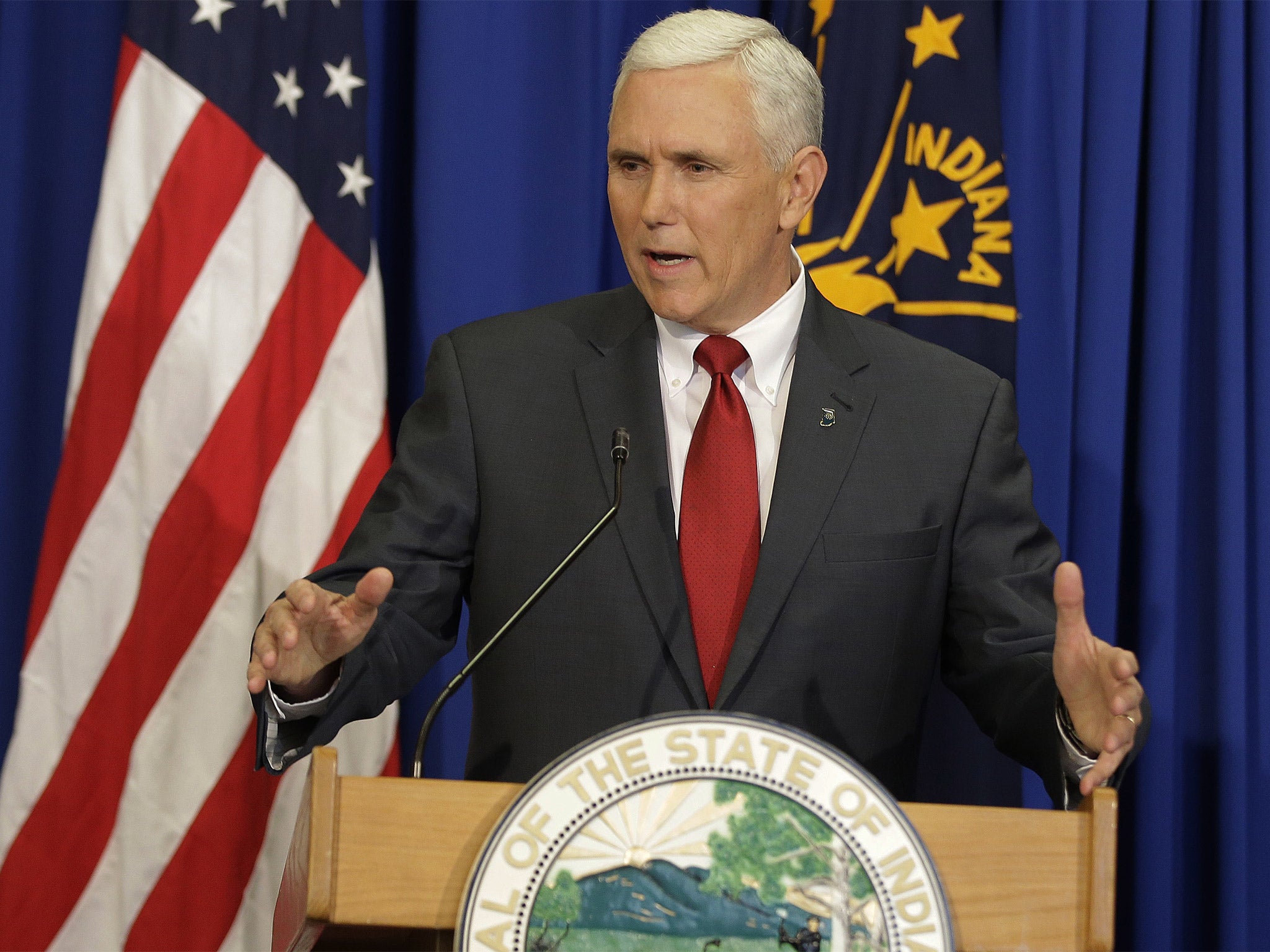 Indiana Governor Mike Pence speaking to the media in Indianapolis on Tuesday