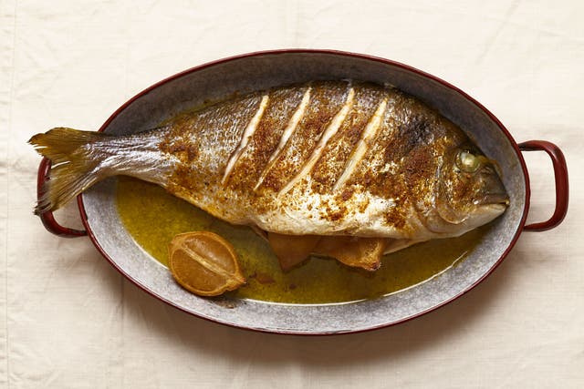 Moroccan baked fish with pickled lemon