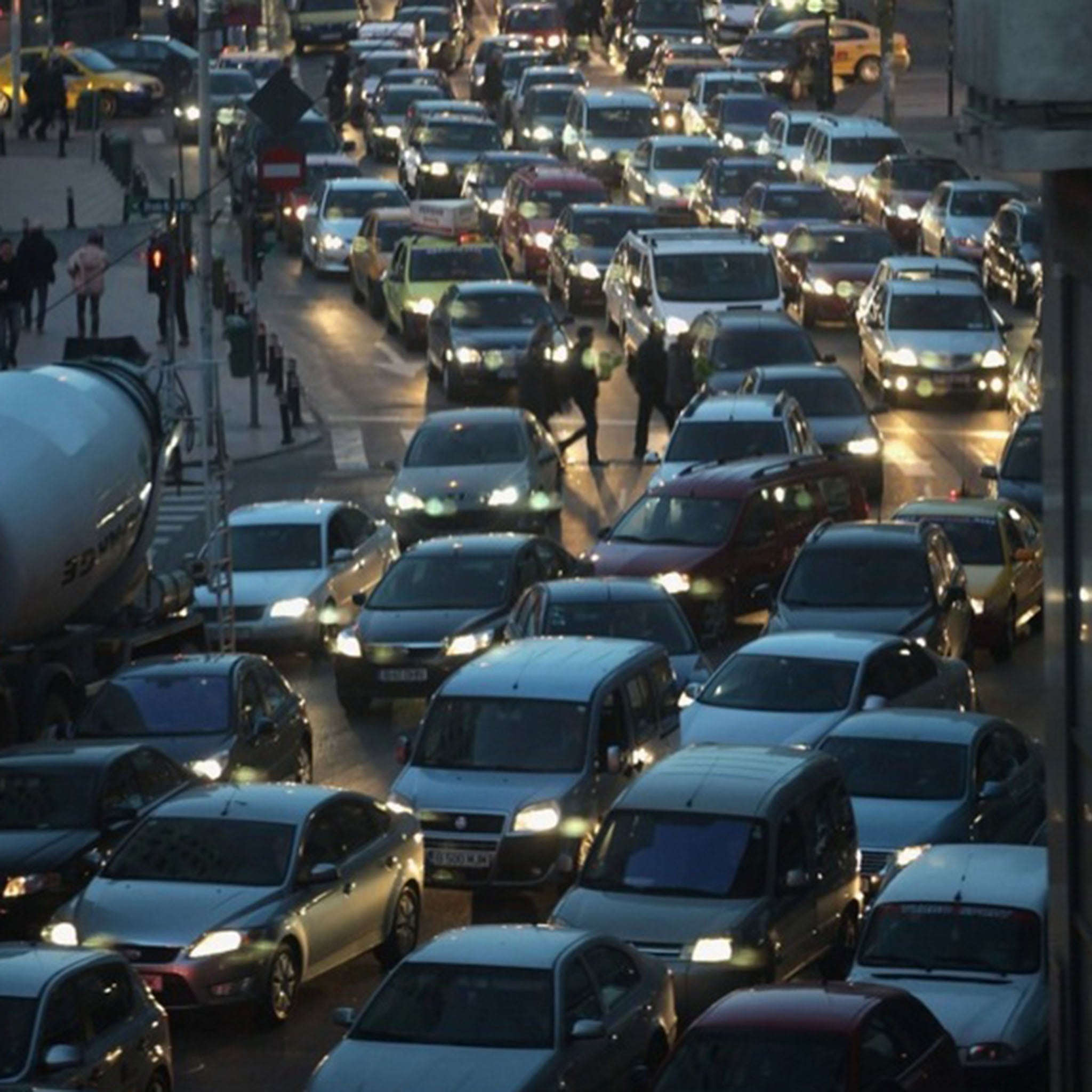 Evening rush hour traffic clogs Calea Victoriei Avenue in March 2013 in Bucharest, Romania.