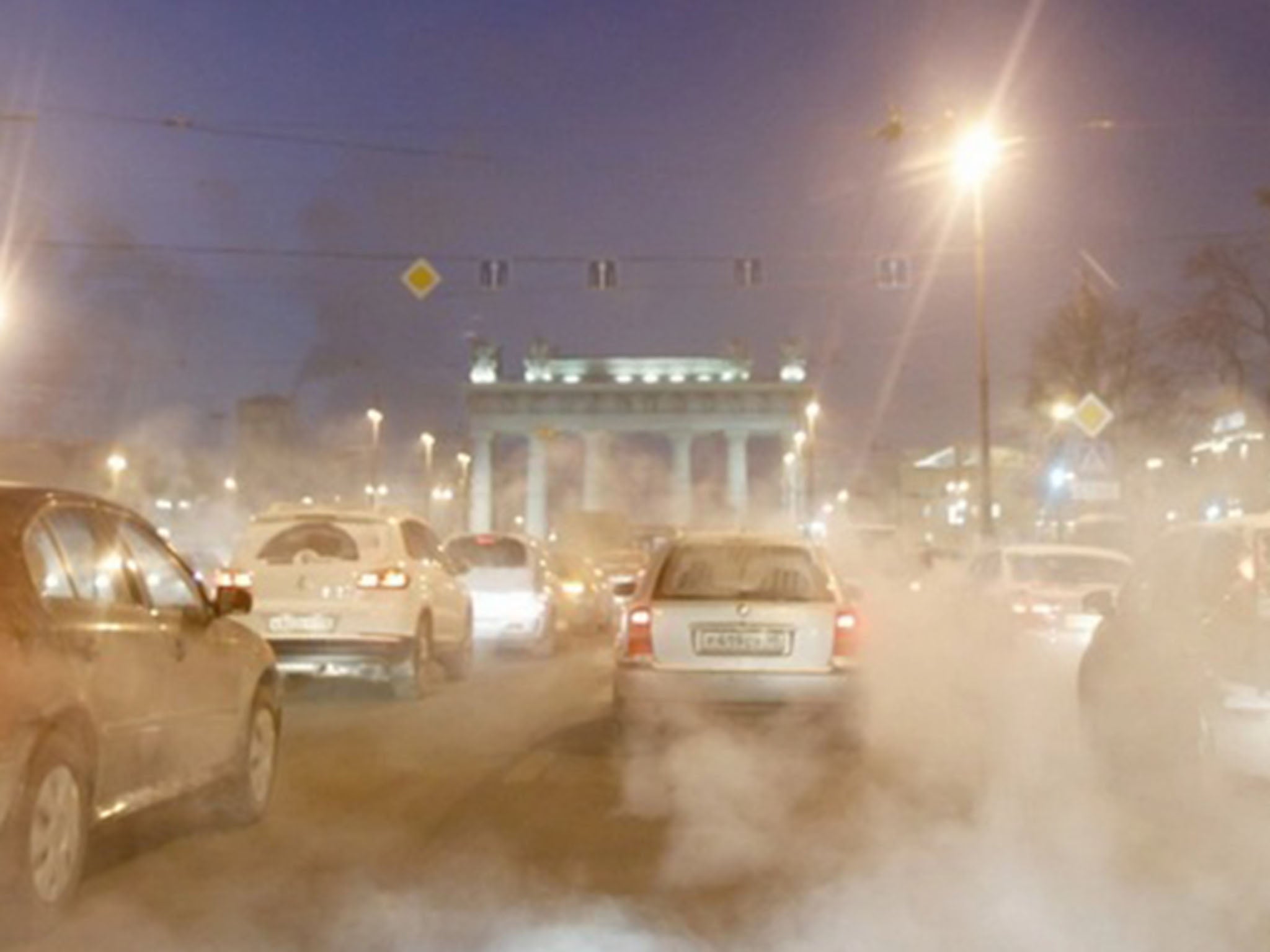 Cars move along an avenue through a traffic jam, with the air temperature at about minus 4 degrees Fahrenheit in St. Petersburg in February 2012.