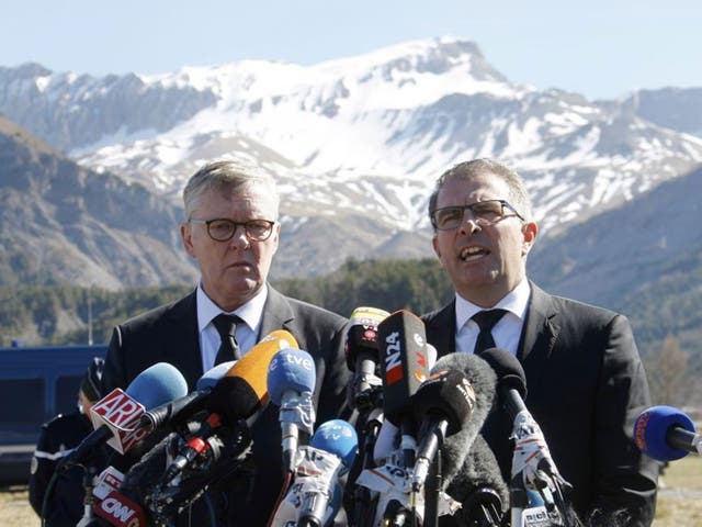Germanwings Thomas Winkelmann, left, and Lufthansa CEO Carsten Spohr visited the crash site on Wednesday