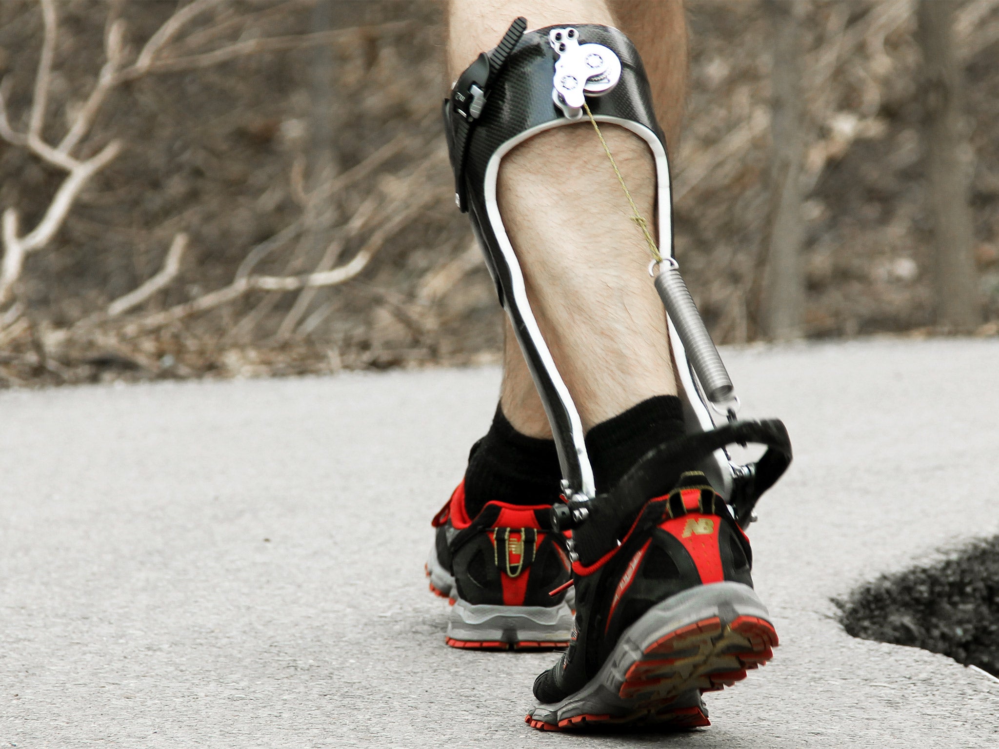 The spring-loaded braces can improve walking efficiency by about 7 per cent – like taking 9lbs out of a backpack