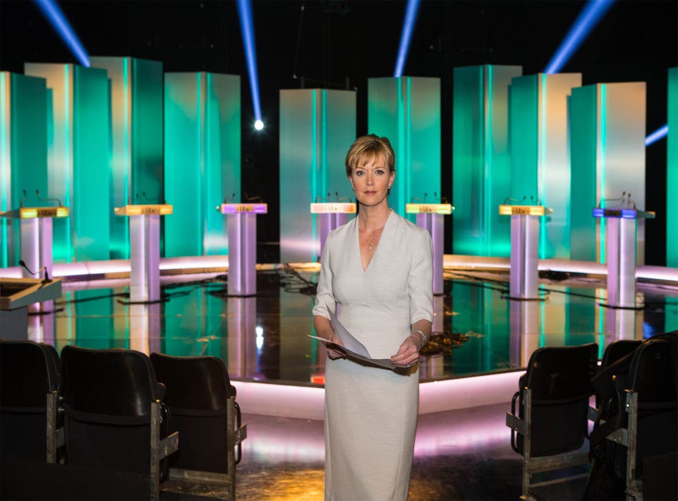Julie Etchingham prepares to take charge of the debate in which the seven party leaders will do battle