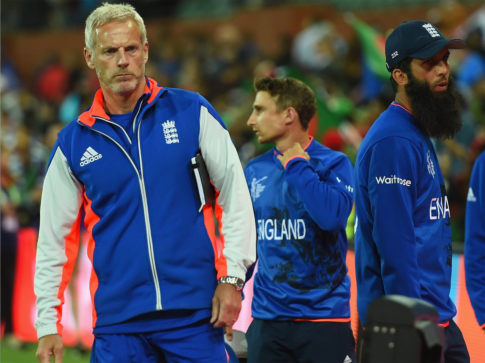 Peter Moores contemplates England’s humiliating World Cup defeat at the hands of Bangladesh in Adelaide last month (Getty)