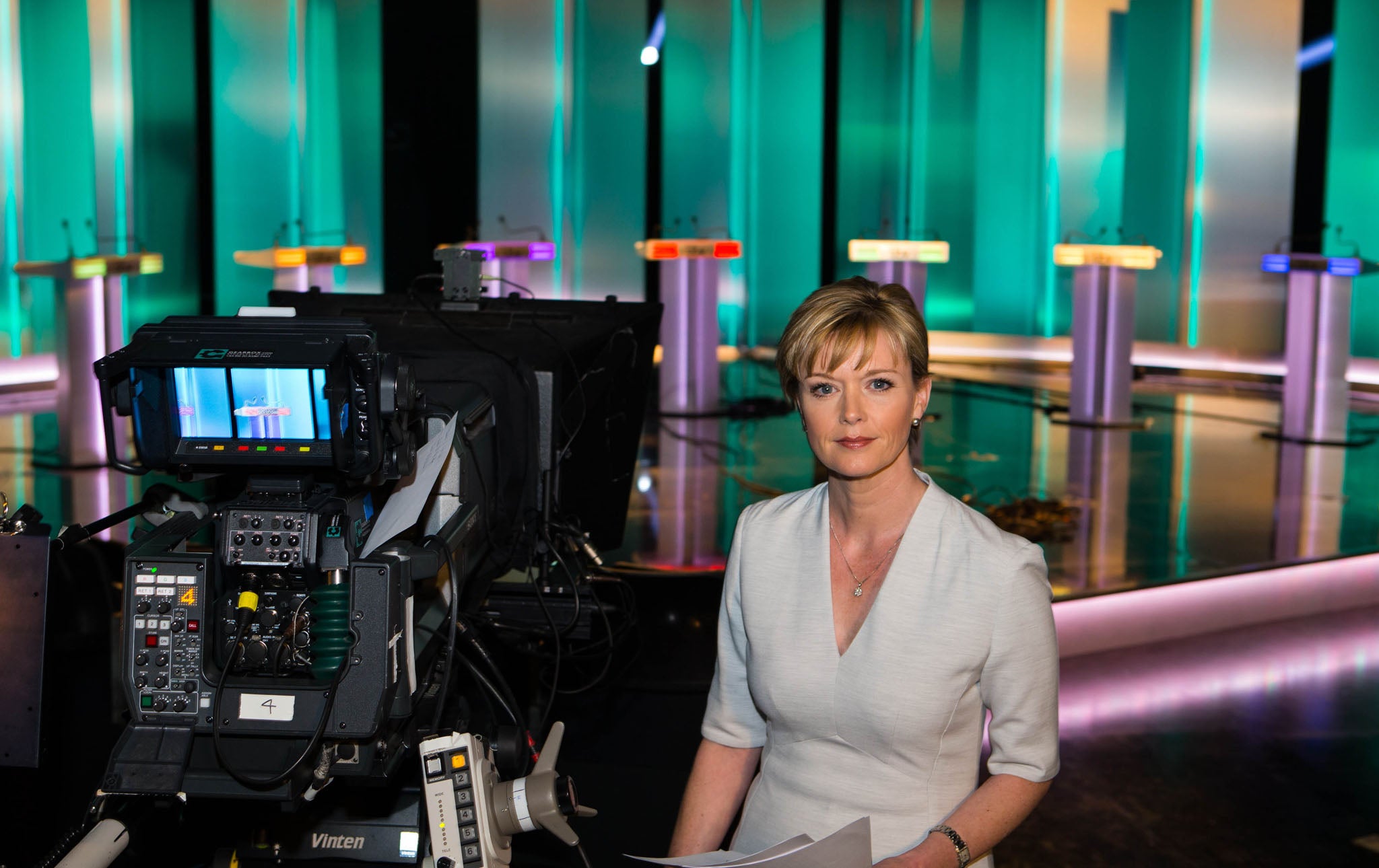 Julie Etchingham prepares for the big night on the set of ITV Leaders' Debate 2015