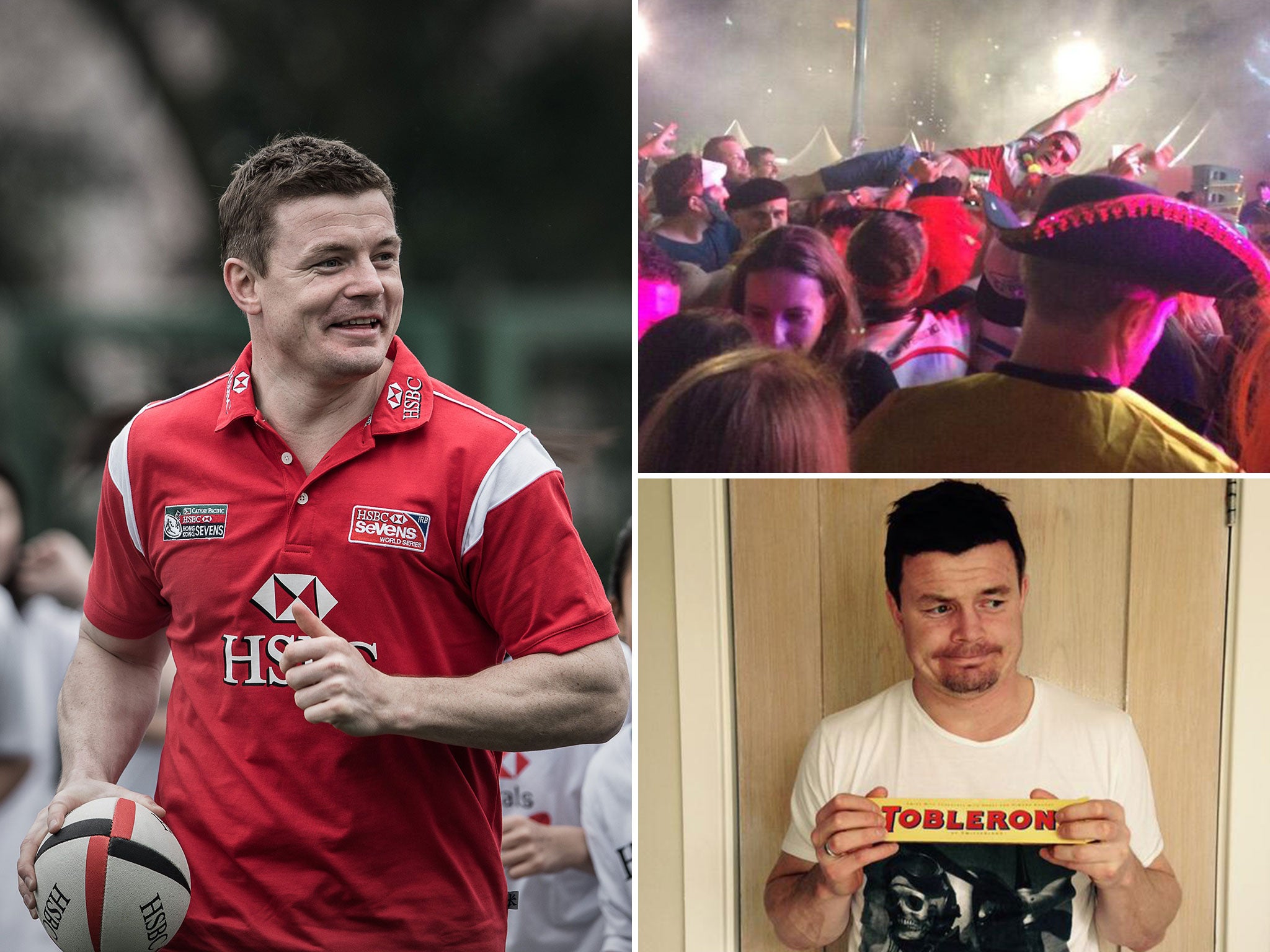Brian O'Driscoll at the Hong Kong Sevens, crowd-surfing at a party and apologising to wife Amy Huberman with a Toblerone