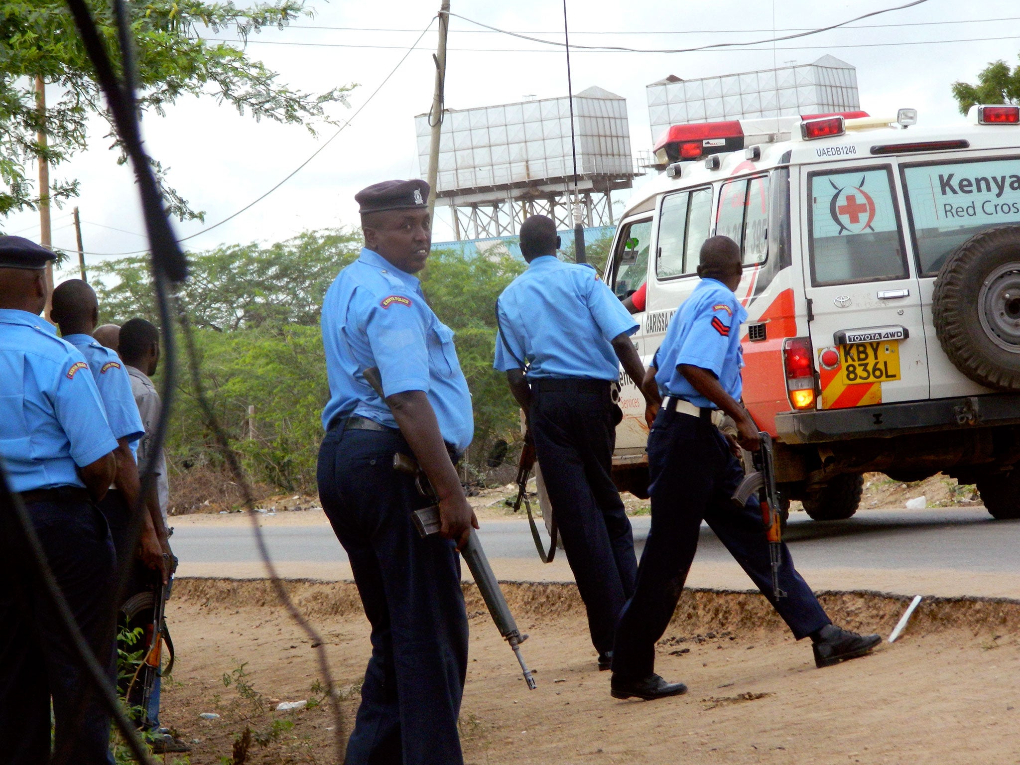 Kenyan police officers take positions outside the Garissa University College