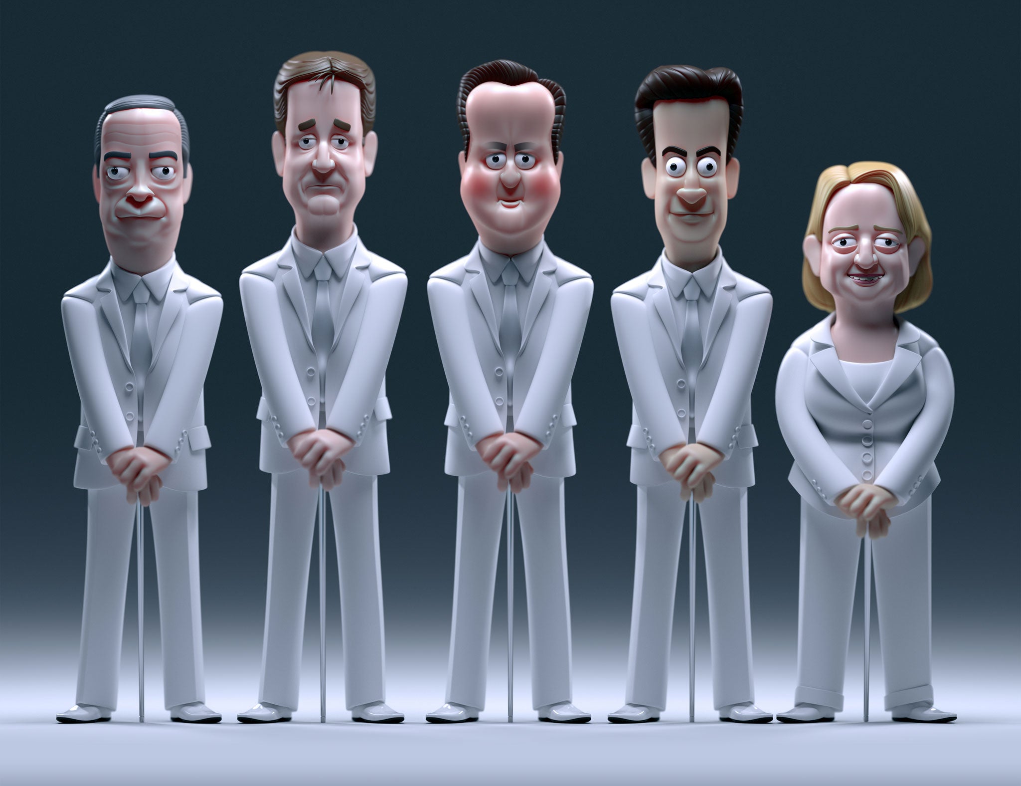 From left: Nigel Farage, Nick Clegg, David Cameron, Ed Miliband and Natalie Bennett