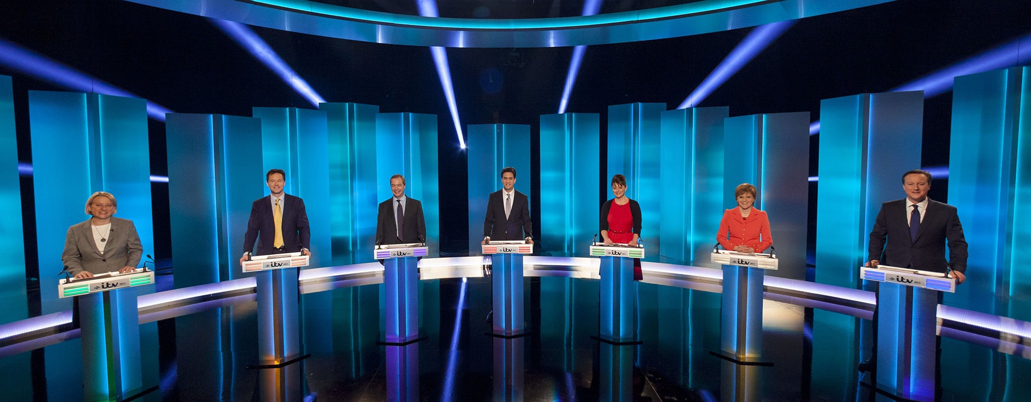 Green Party leader Natalie Bennett, Liberal Democrat leader Nick Clegg, Ukip leader Nigel Farage, Labour leader Ed Miliband, Plaid Cymru leader Leanne Wood, First Minister Nicola Sturgeon and Prime Minister David Cameron during the 7-way debate