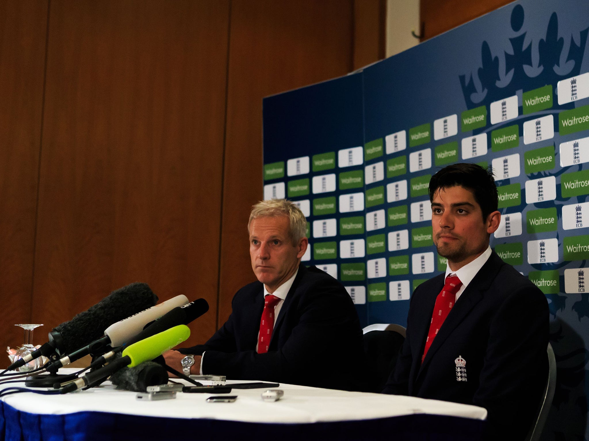 Peter Moores and Alastair Cook face the music yesterday