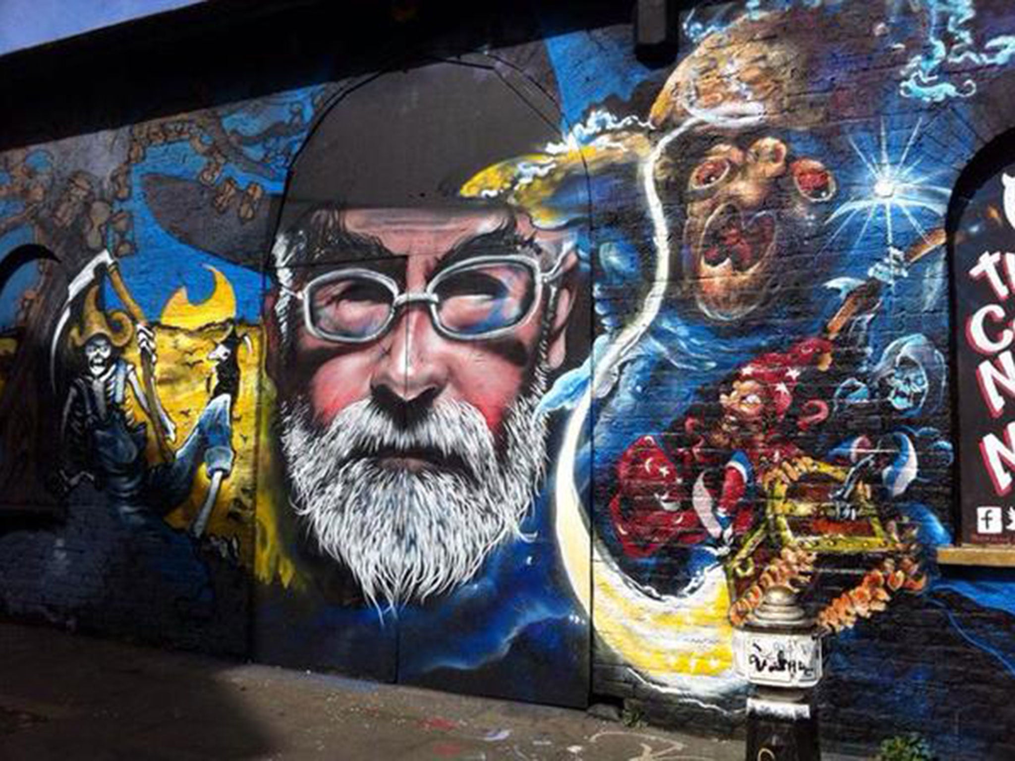 Colourful graffiti tributes to Terry Pratchett can be found in London's East End and Bristol