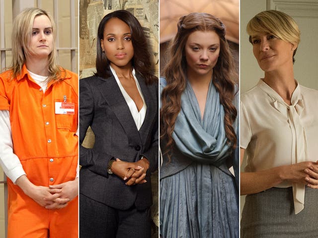 From left to right: Piper Chapman in Orange is the New Black, Olivia Pope in Scandal, Margaery Tyrell in Game of Thrones, Clare Underwood in House of Cards