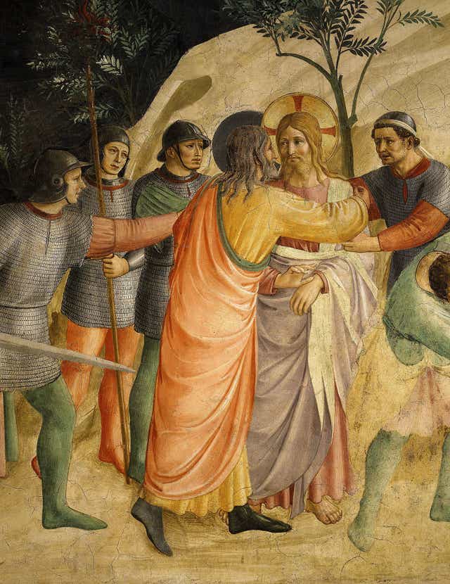 The arrest of Jesus and Judas's Kiss, in a 1437 fresco that hangs in the Convent of San Marco, Florence