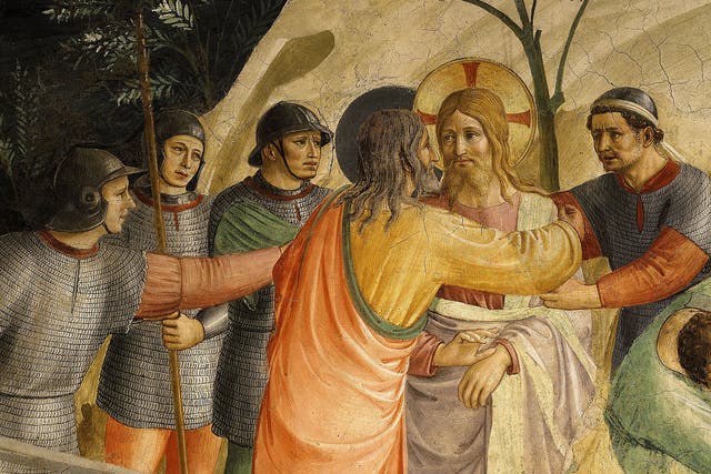 The arrest of Jesus and Judas's Kiss, in a 1437 fresco that hangs in the Convent of San Marco, Florence