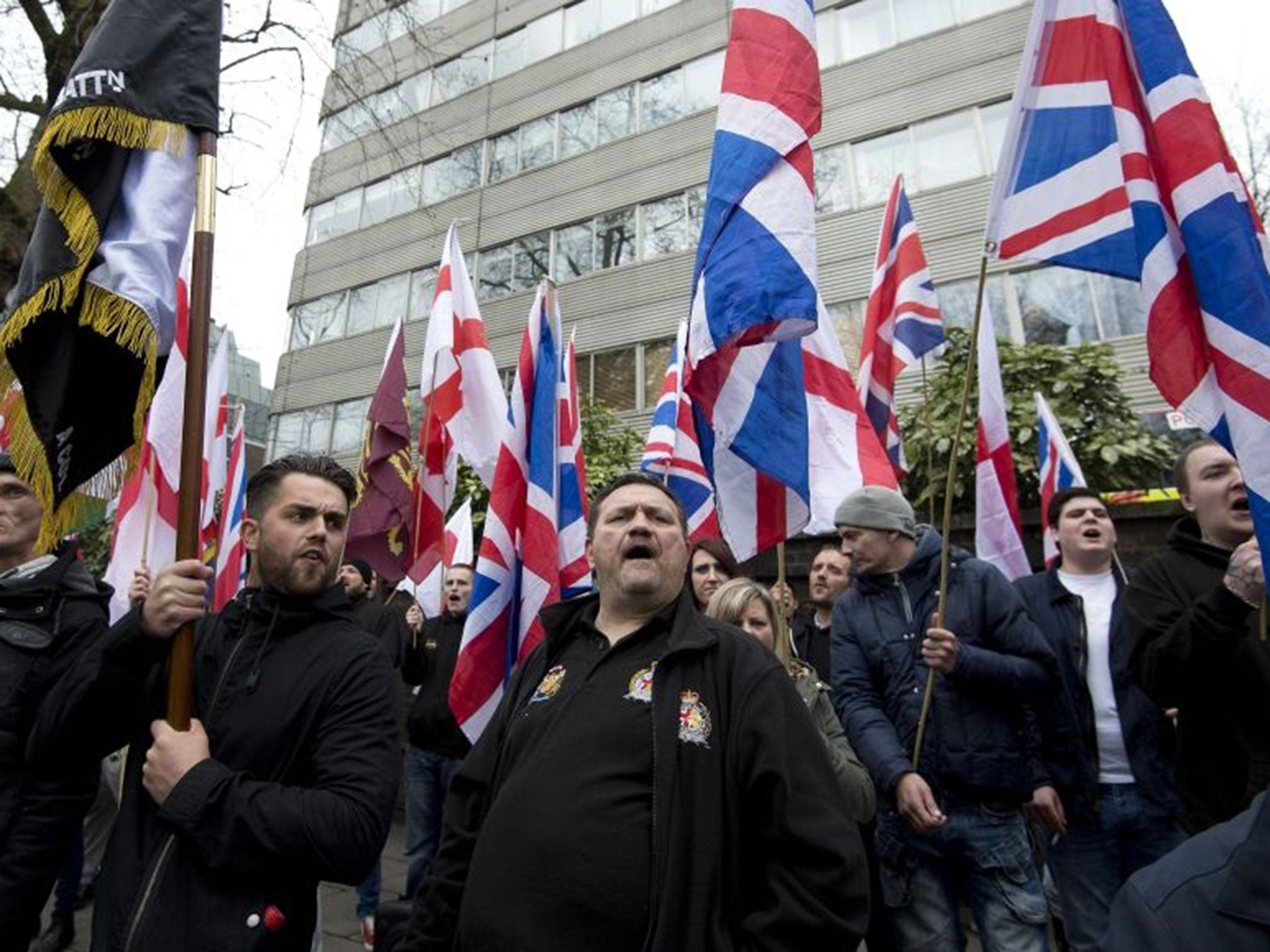 Far-right protesters gather outside the London Central Mosque and Islamic Cultural Centre in London. 
