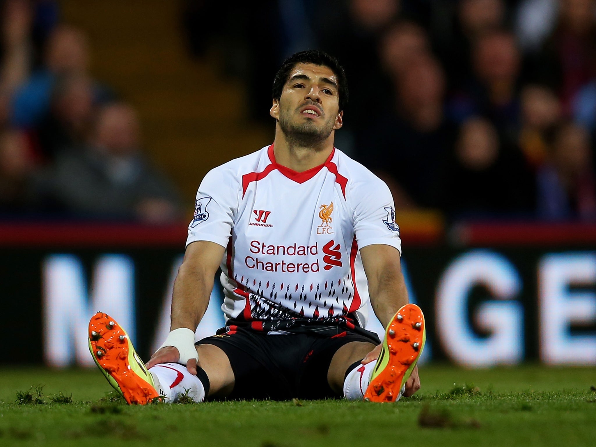 Luis Suarez sits dejected after the draw with Crystal Palace which all but ended Liverpool’s title hopes last season