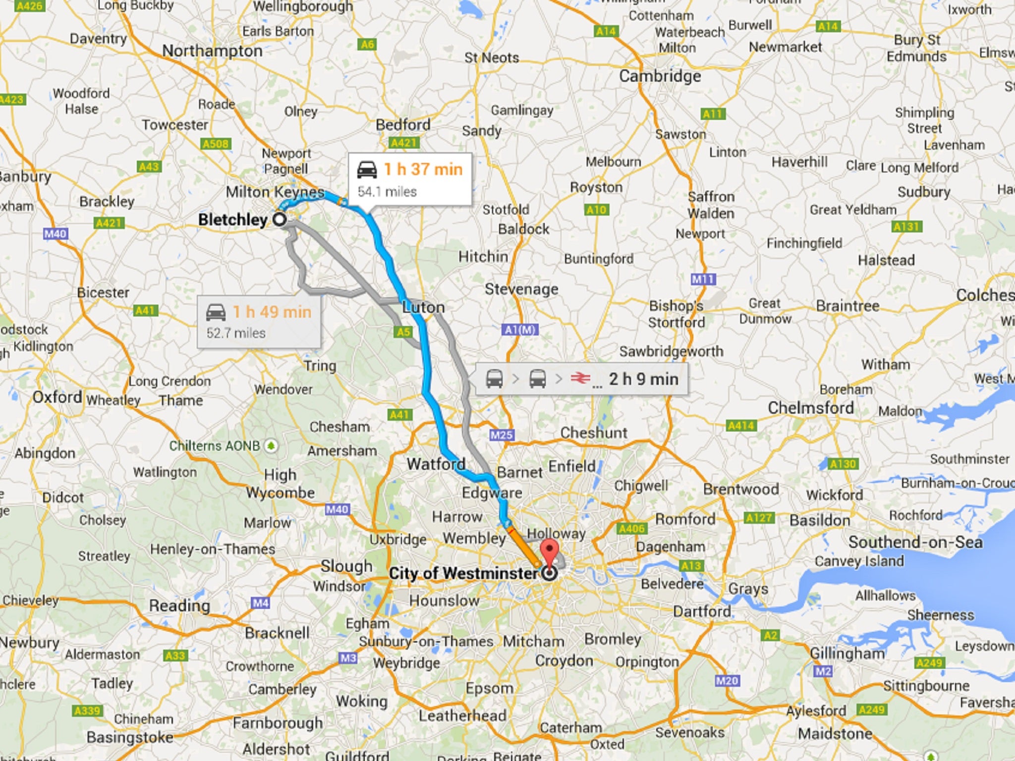 Bletchley in Milton Keynes is nearly 55 miles away from Westminster