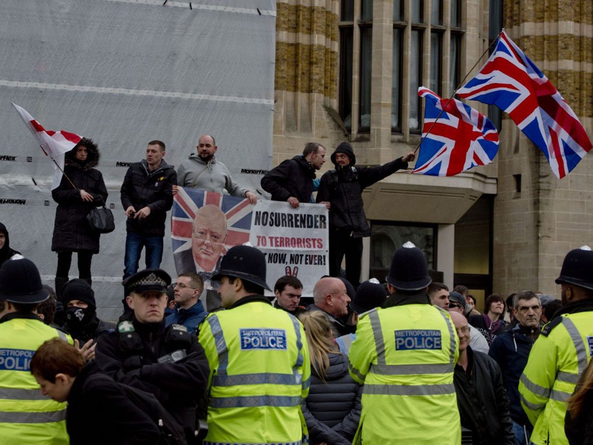 Supporters of the British offshoot of the anti-Islamist movement Pegida hold a demonstration on Whitehall, London