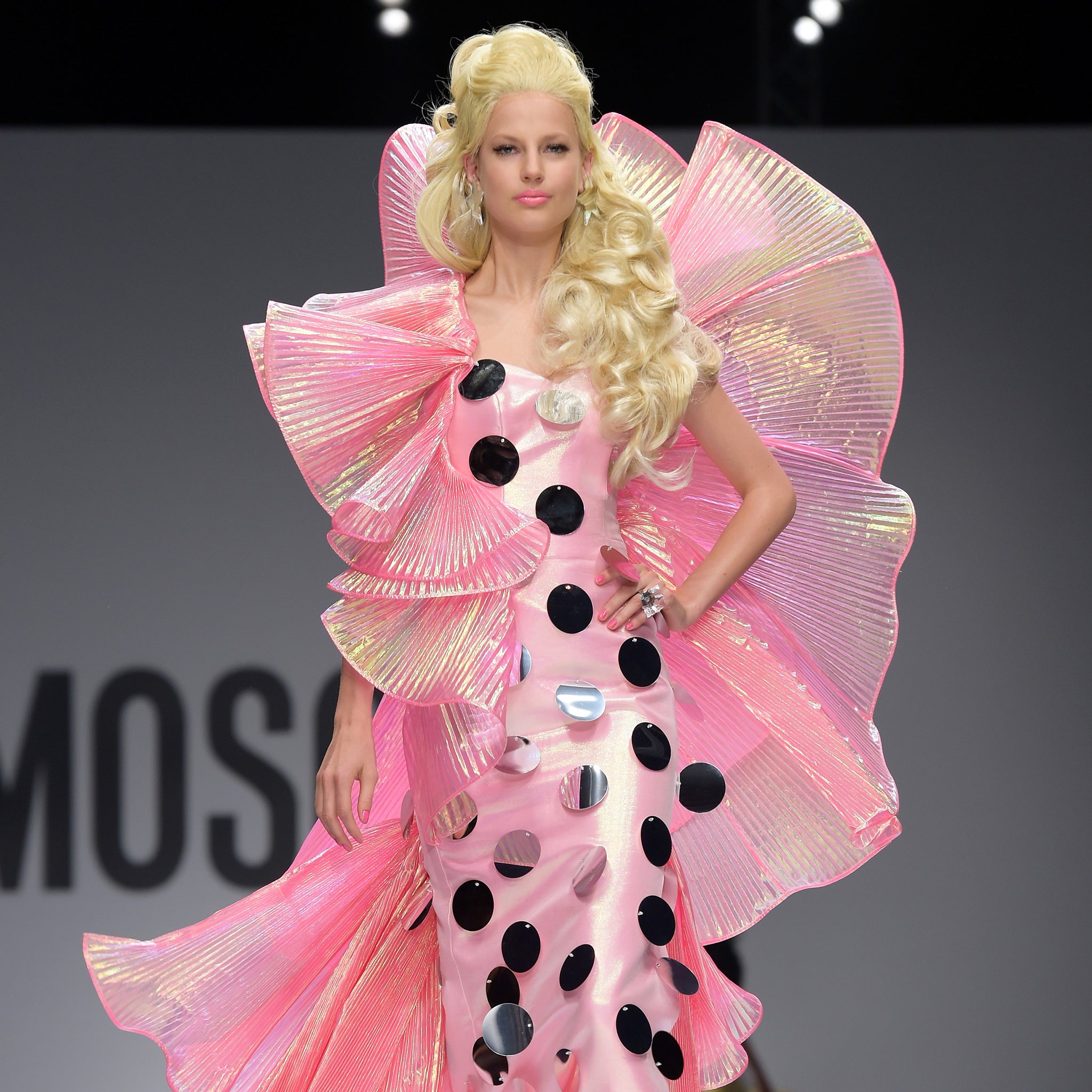 A model walks the runway during the Moschino show as a part of Milan Fashion Week Womenswear Spring/Summer 2015