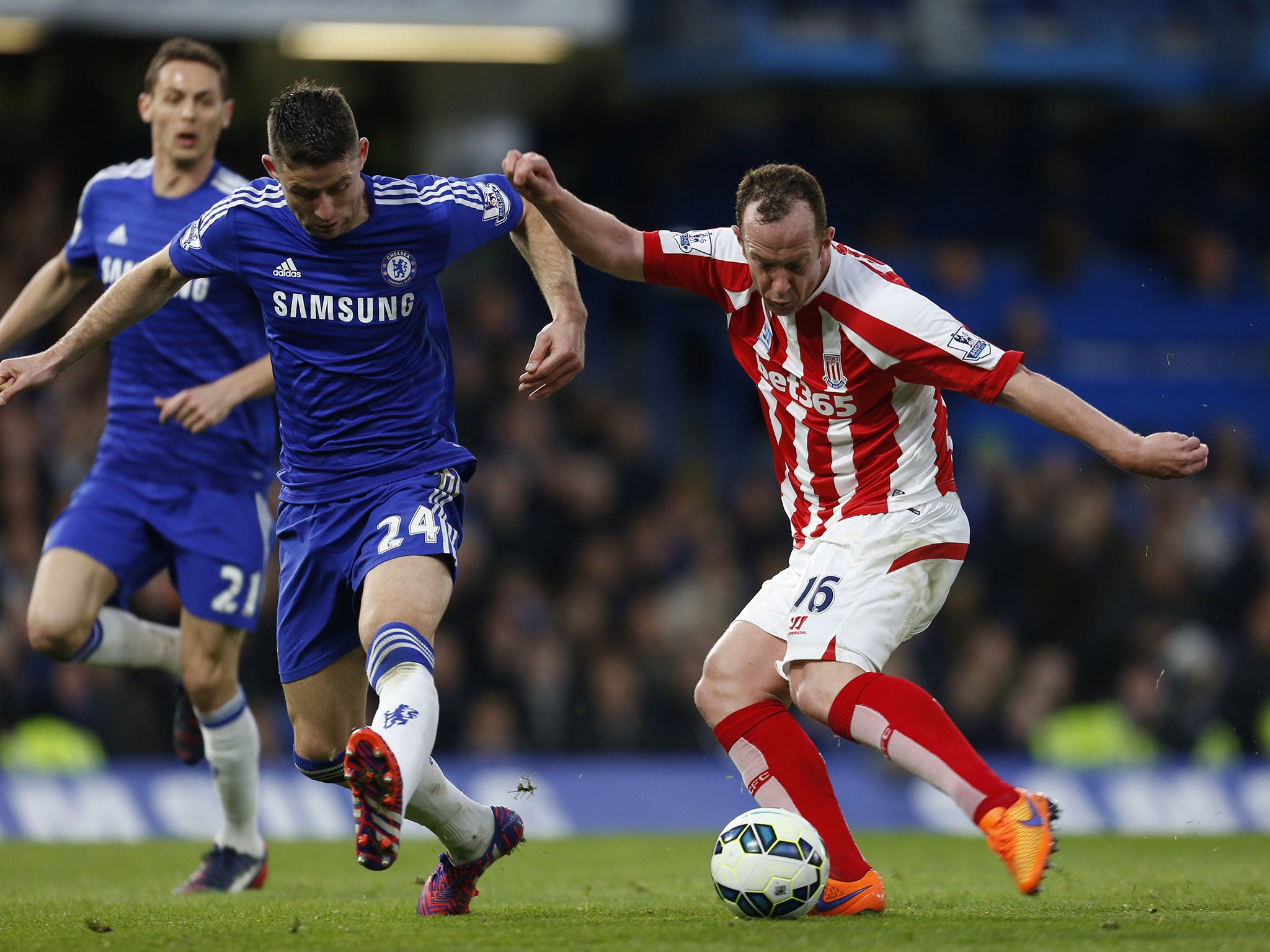 Charlie Adam unleashes an audacious shot from inside his own half to equalise for Stoke on Saturday at Chelsea