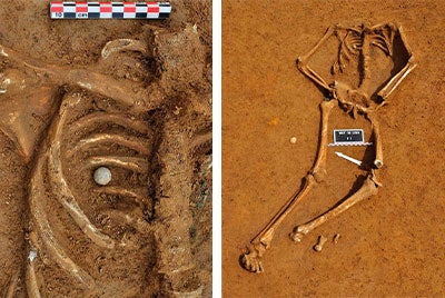 The skeleton of a soldier killed in the Battle of Waterloo, is pictured at the site where the bones were found, in this handout photo taken June 5, 
