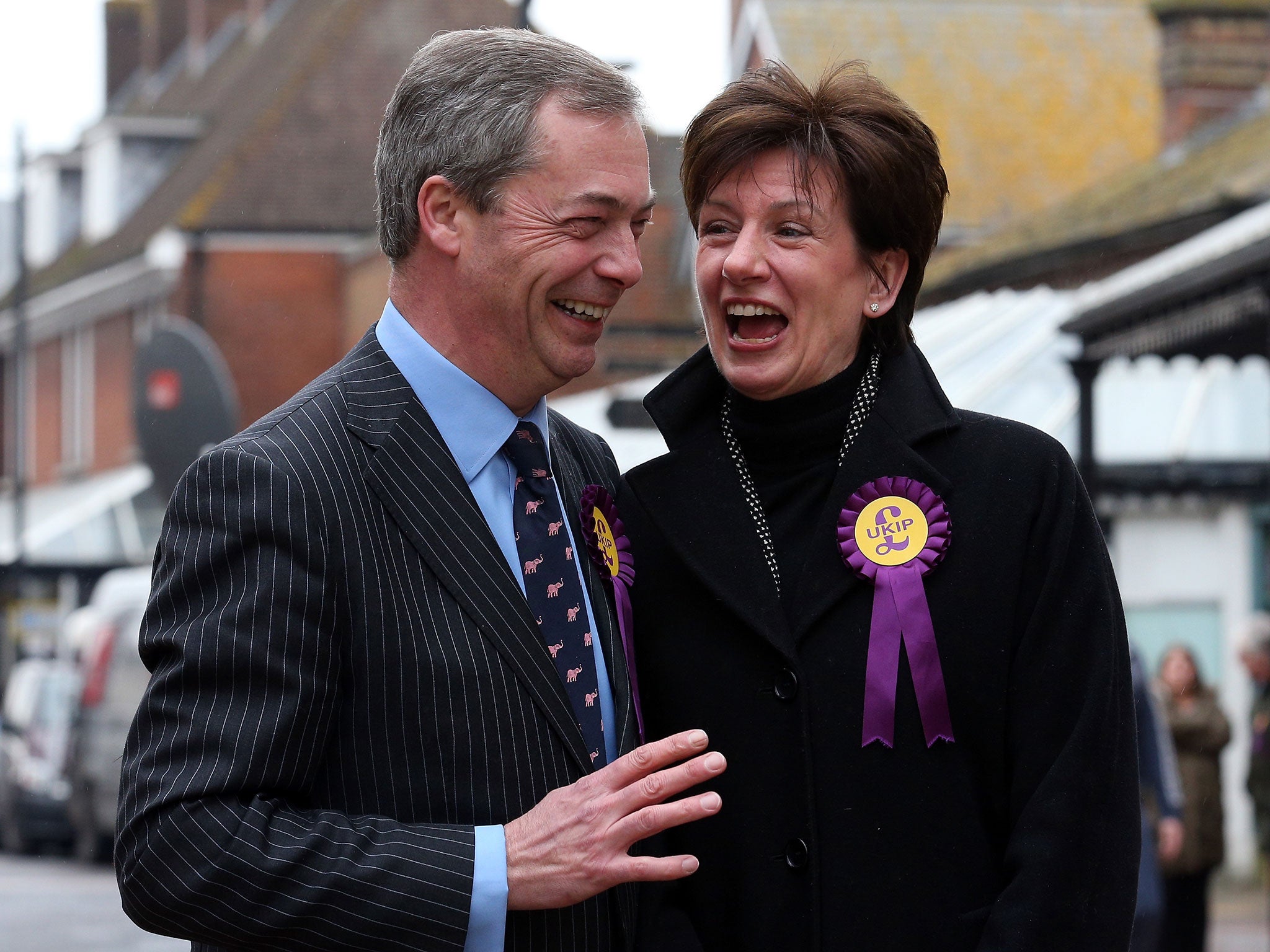 Diane James, right, dismissed suggestions that the party would be fatally damaged if Nigel Farage, left, stood down as leader