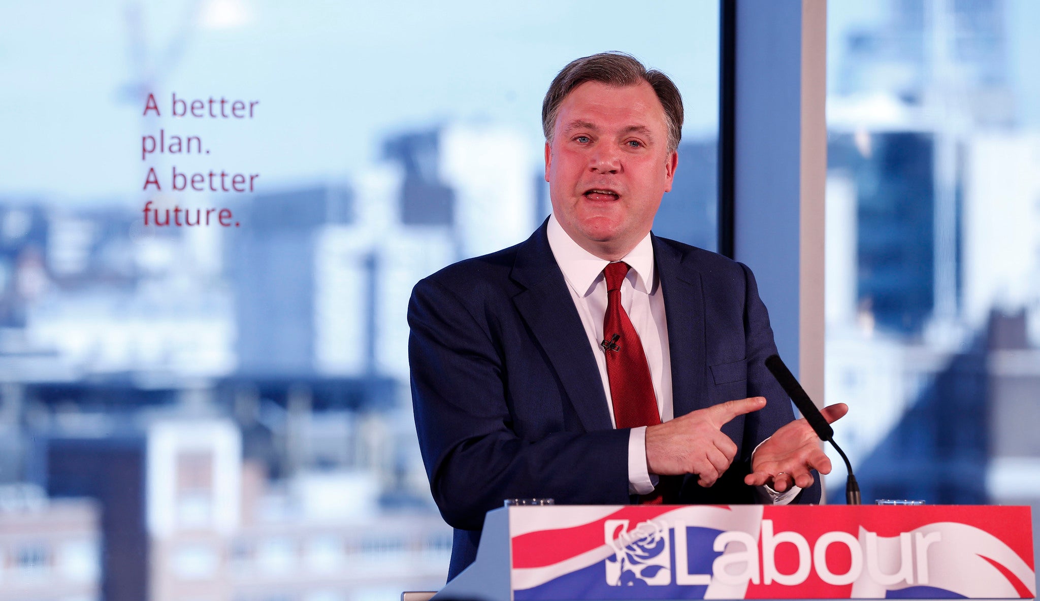 Ed Balls uses his fingers to work out the answer in Leeds this morning