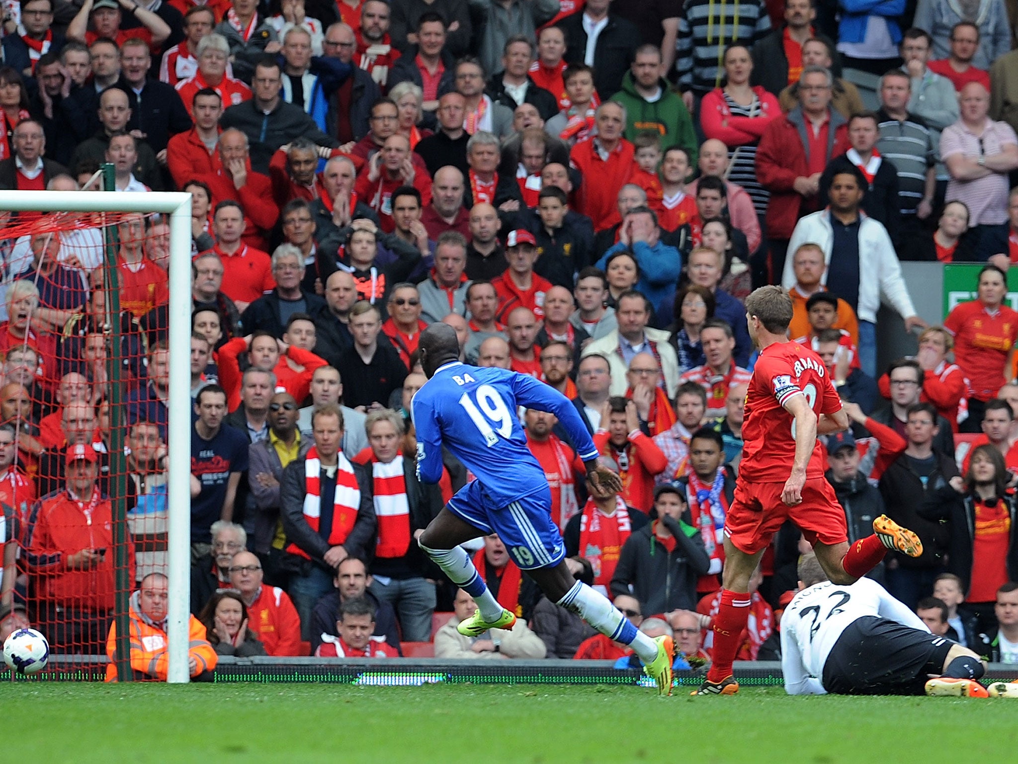 Demba Ba scores against Liverpool at Anfield last year