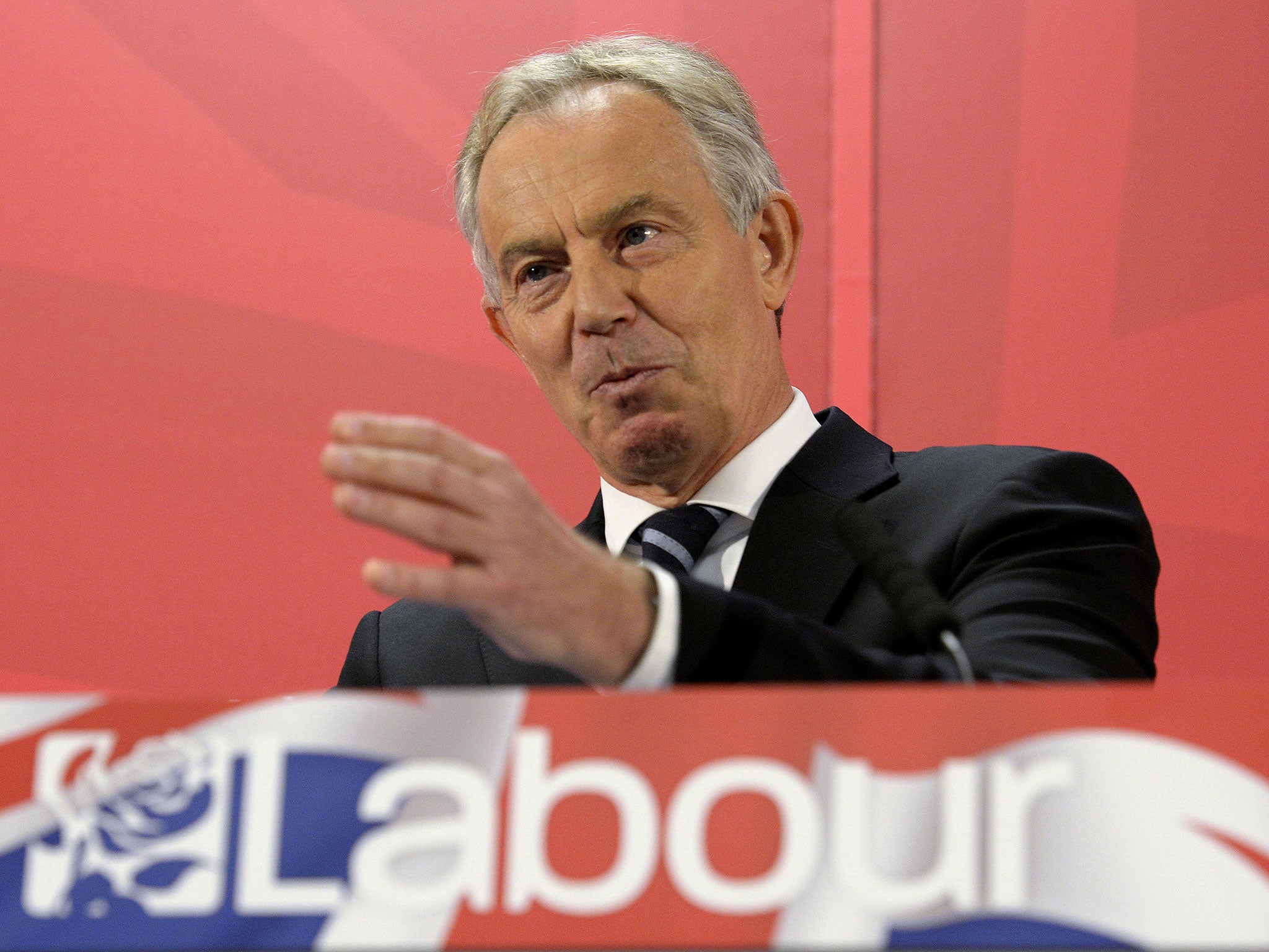 Former prime minister Tony Blair speaks during a visit to the Hitachi factory in his former constituency in Newton Aycliffe, County Durham, 7 April 2015