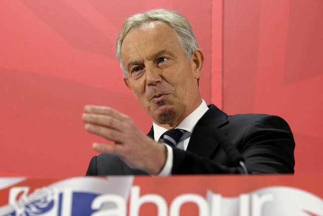 Former prime minister Tony Blair speaks during a visit to the Hitachi factory in his former constituency in Newton Aycliffe, County Durham, 7 April 2015