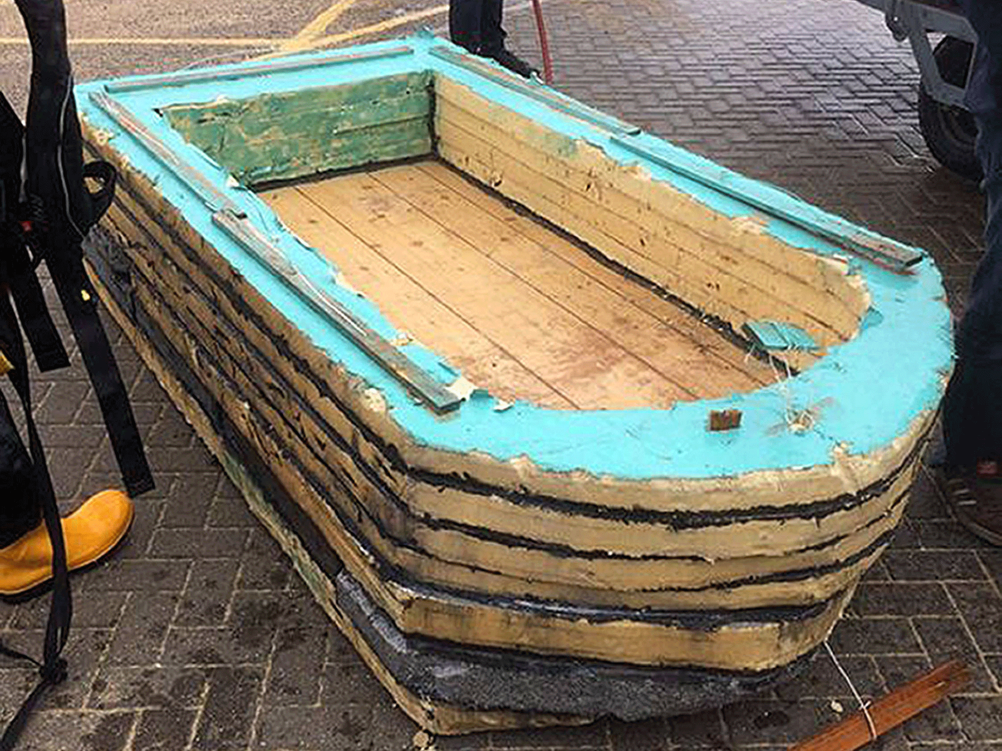 Undated handout photo issued by Clacton RNLI of a boat made by two men for less than £10 after they were rescued by lifeguards when the oars broke