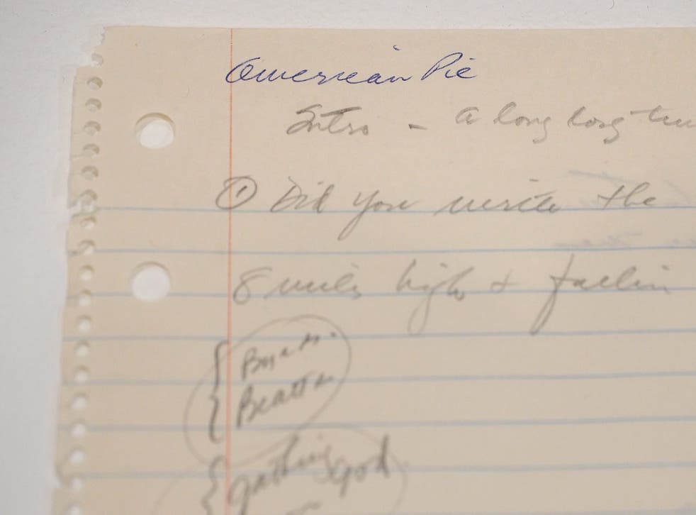 Don Mclean S American Pie Manuscript Sells For 1 2 Million But What Do The Lyrics Really Mean The Independent The Independent