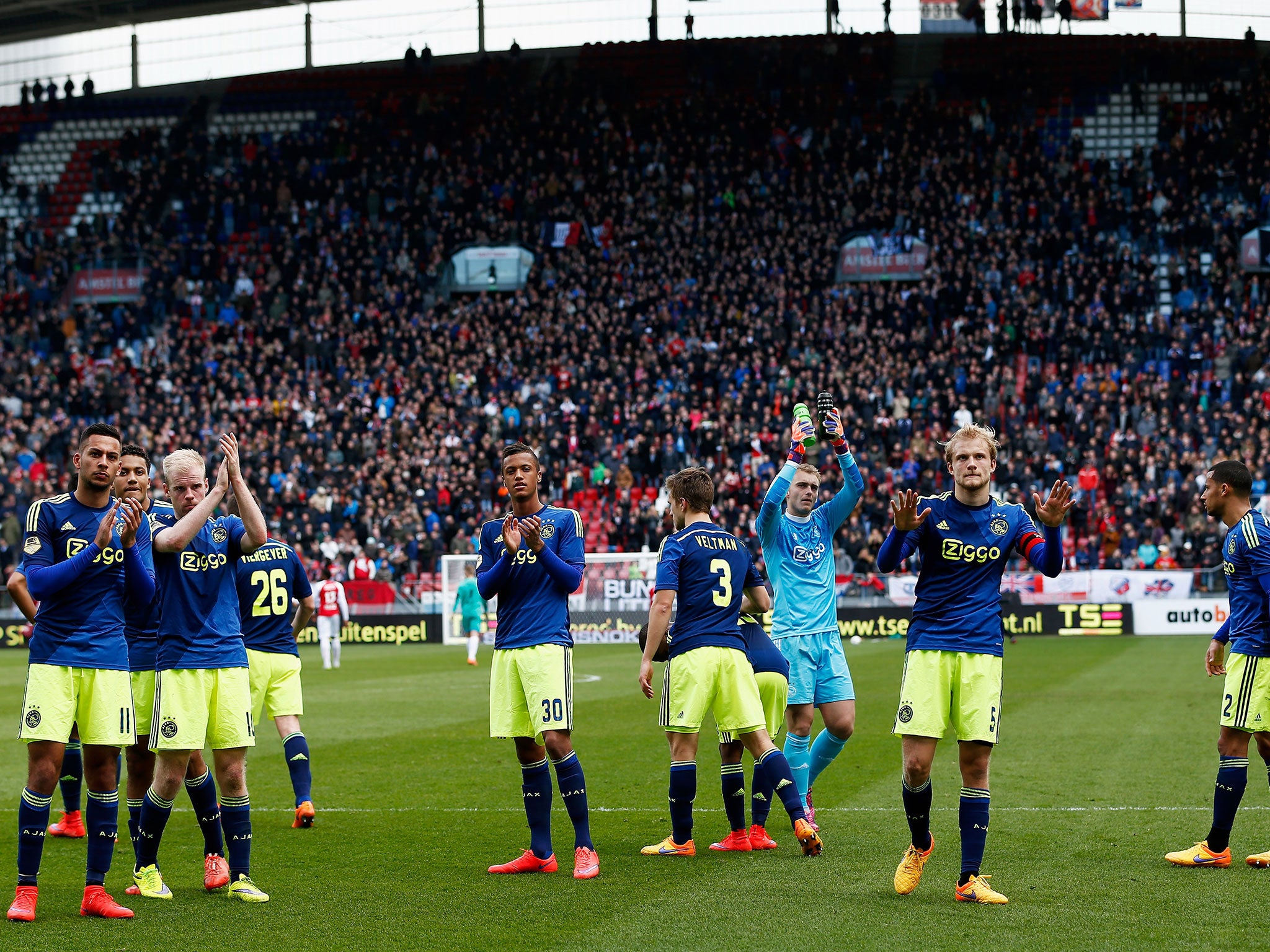 Ajax players applaud their fans after the Dutch Eredivisie match against FC Utrecht on Sunday which was marred by anti-Semitic chanting