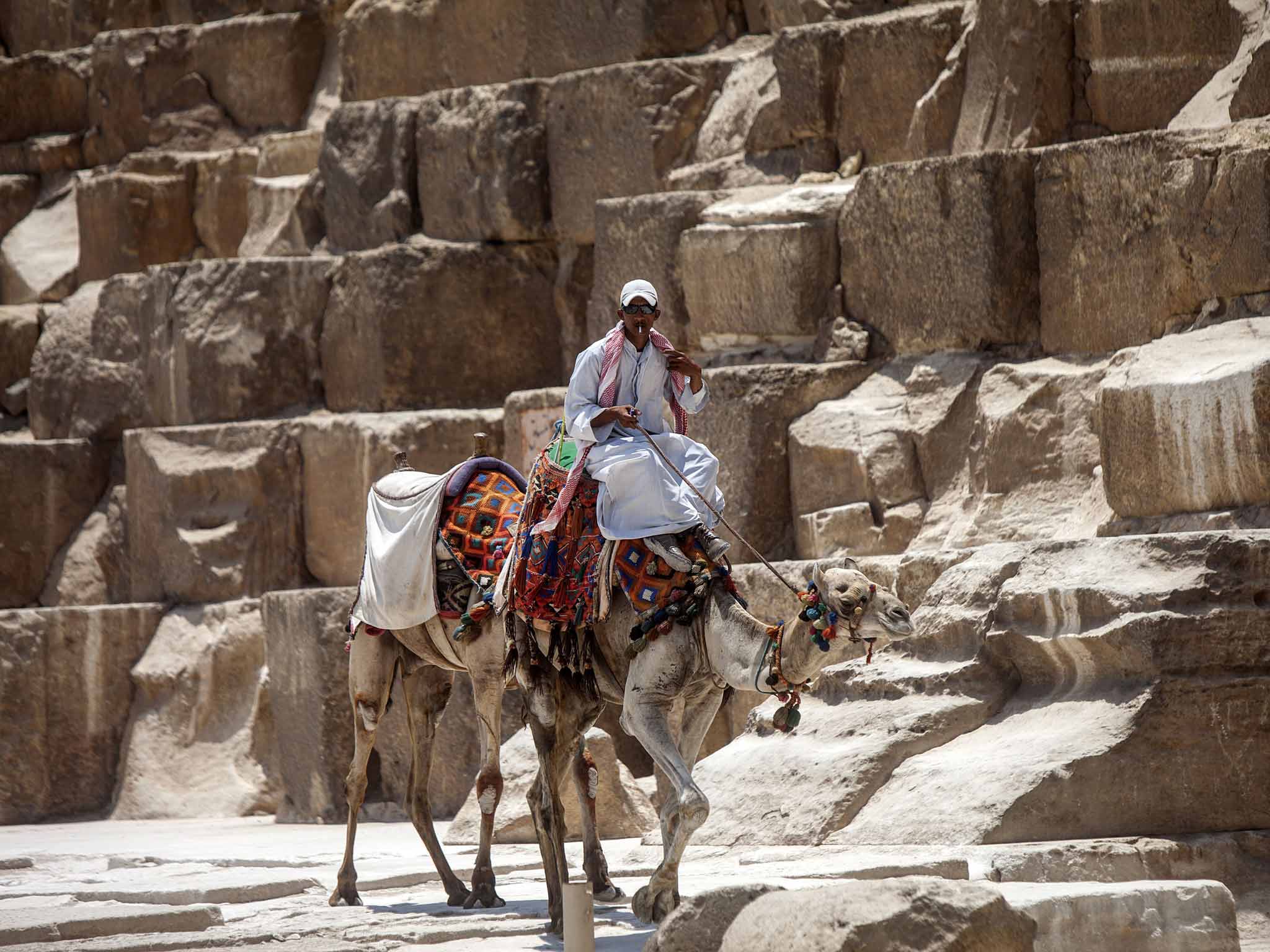 An Egyptian camel owner waits for tourists at the Giza pyramids, south of Cairo