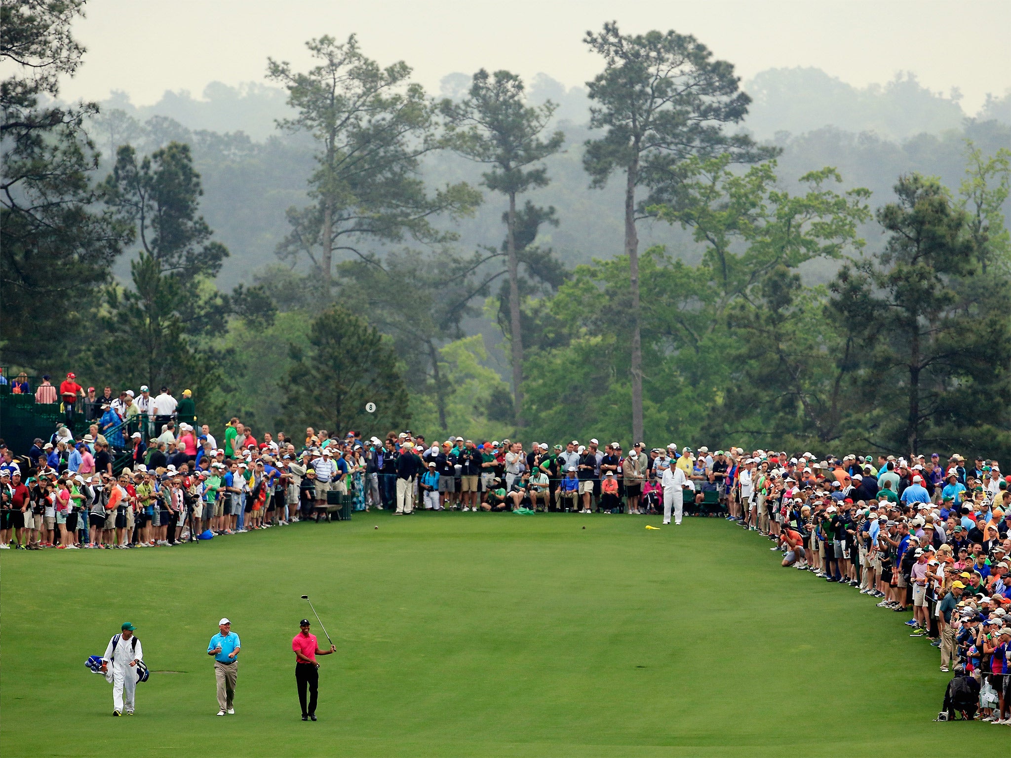 Tiger Woods with Mark O’Meara during Tuesday's practice round (Getty)